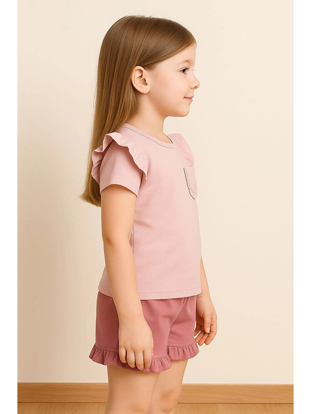 Pembe Fırfırlı Cepli Kız Çocuk Şortlu Takım 50657-1