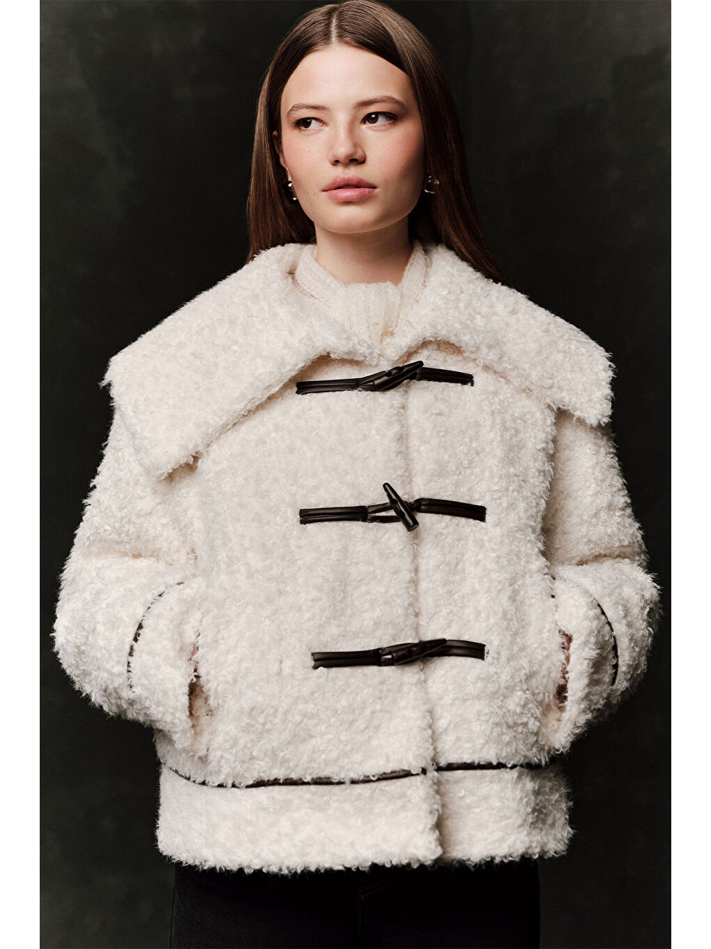 Düğmeli Kürk Kaban Ekru-4