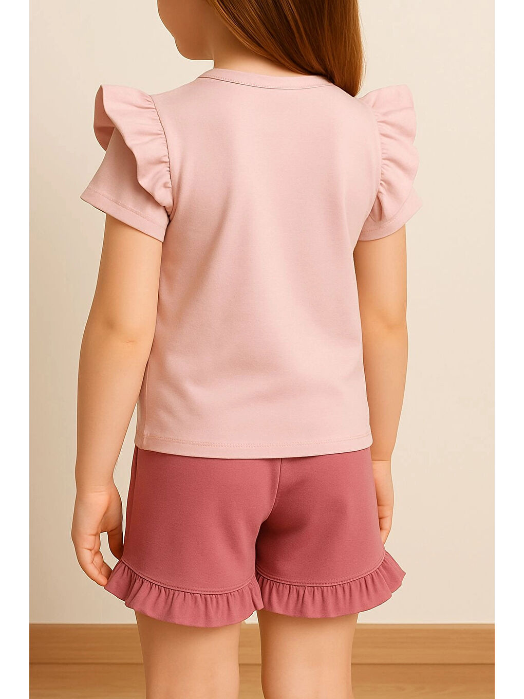 Pembe Fırfırlı Cepli Kız Çocuk Şortlu Takım 50657-2