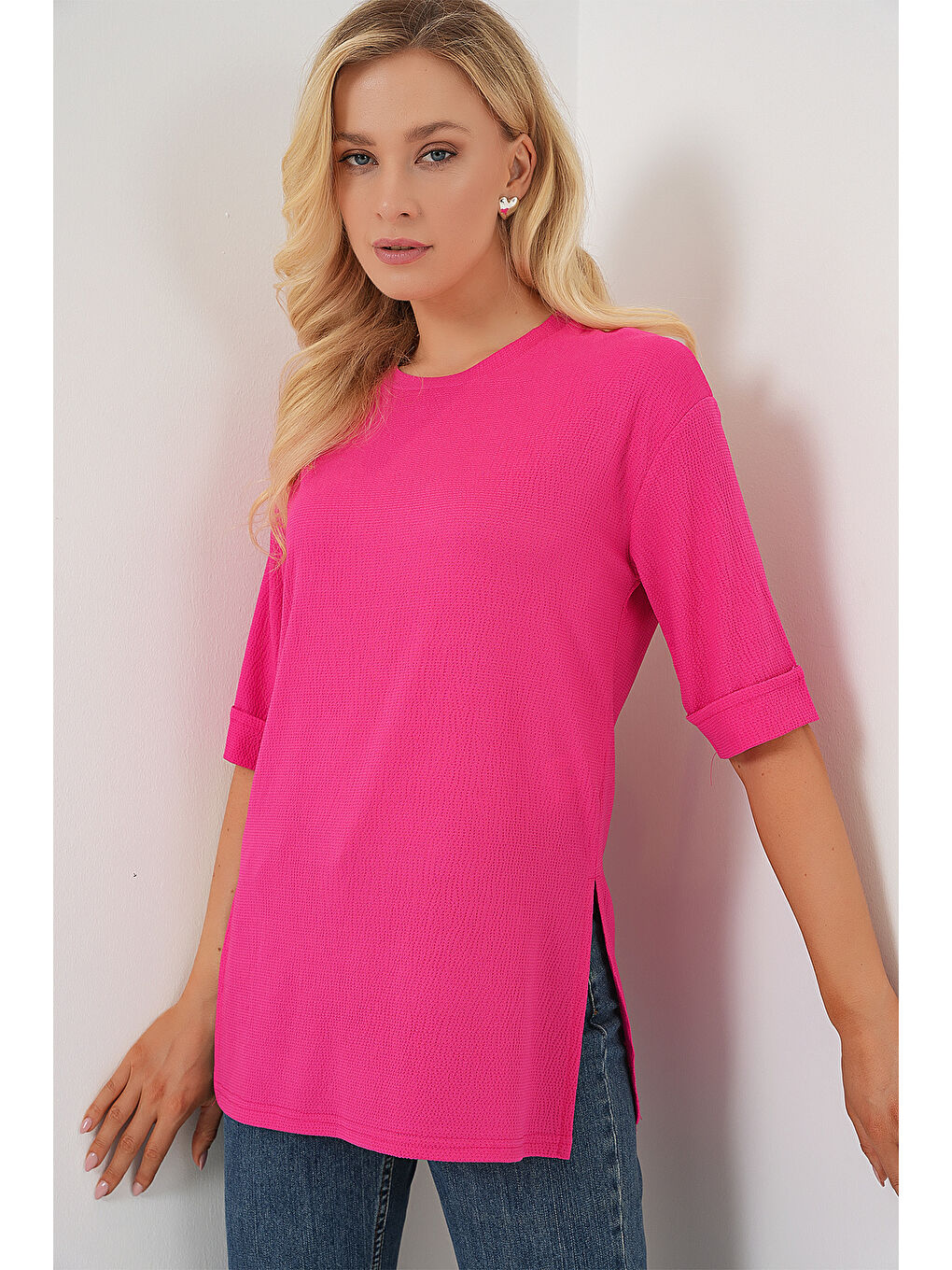 4332 Yanı Yırtmaçlı Örme Tişört - Fuşya