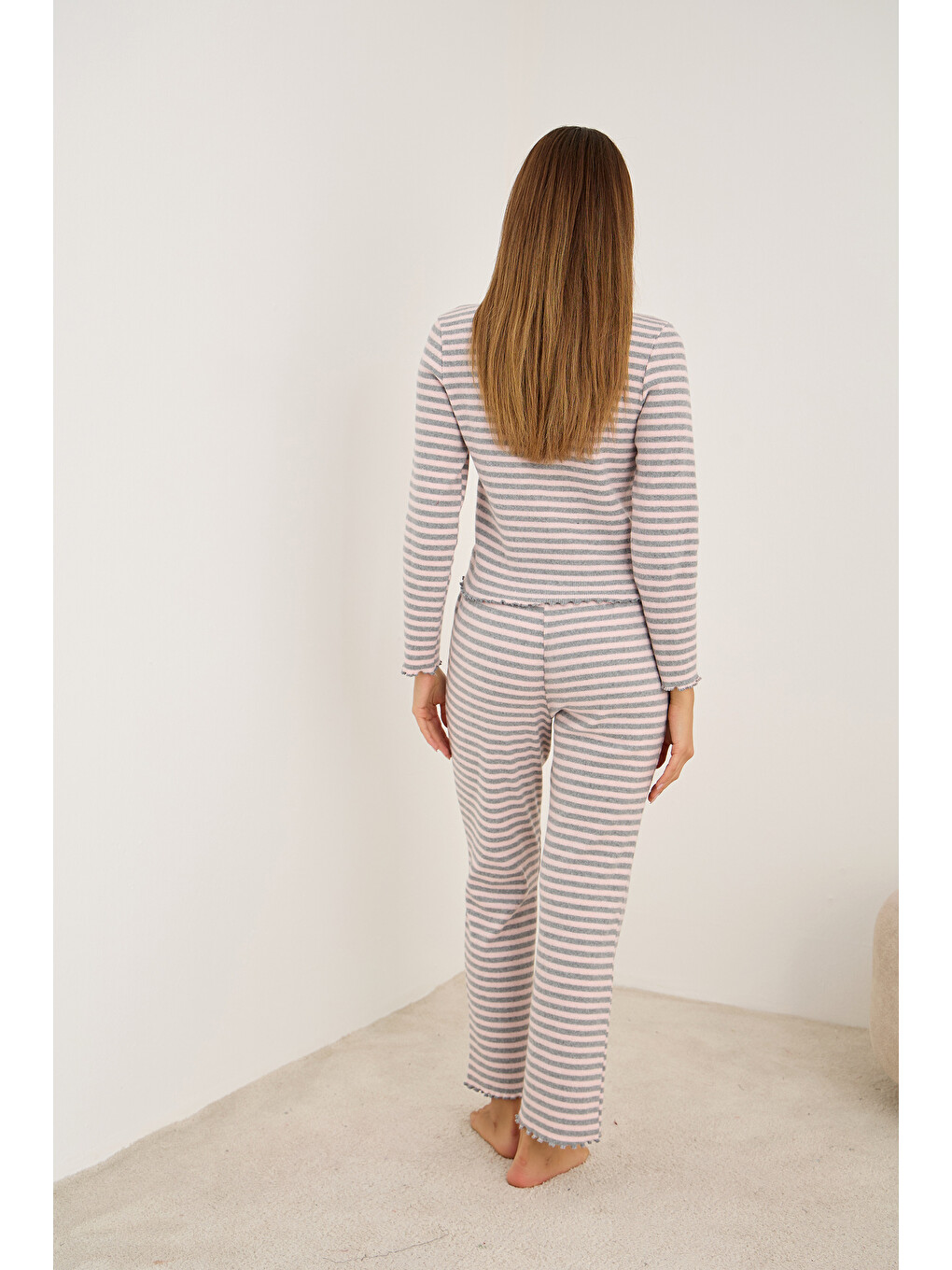 Pembe Gri Fırçalı Soft Fitilli Kaşkorse Dantelli Pijama Takım25226011-2