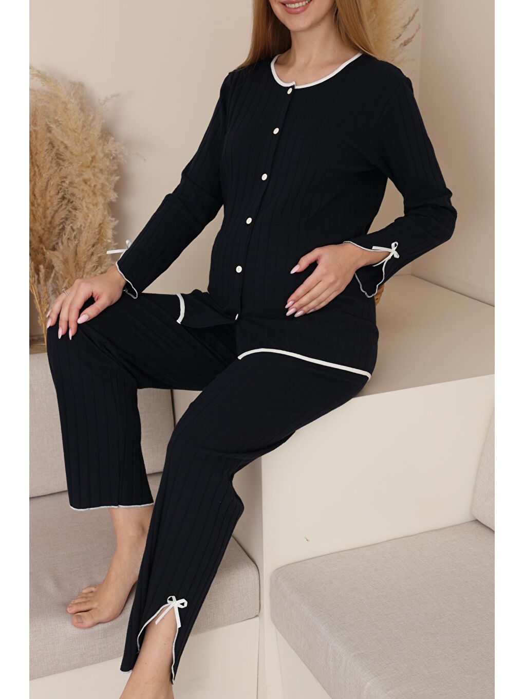 Lacivert Soft Elegance Yumoş Düğmeli Ayarlanabilir Bel Lohusa Pijama Takımı