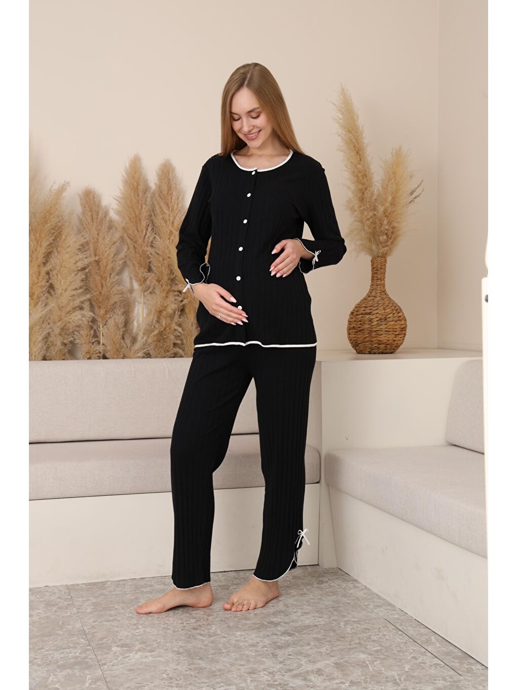 Siyah Soft Elegance Yumoş Düğmeli Ayarlanabilir Bel Lohusa Pijama Takımı-2