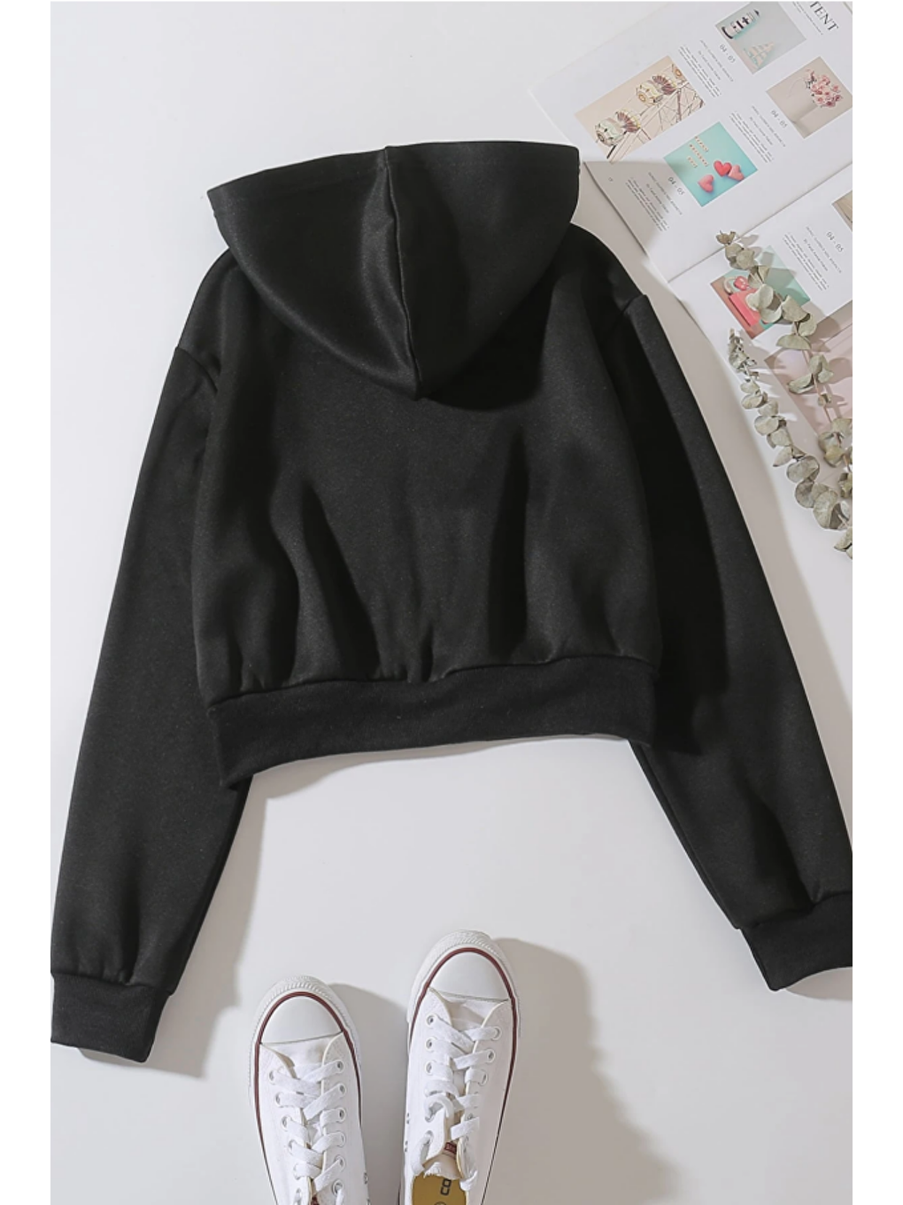 Kadın Kapüşonlu Şardonlu Siyah Renk Crop Sweatshirt-3