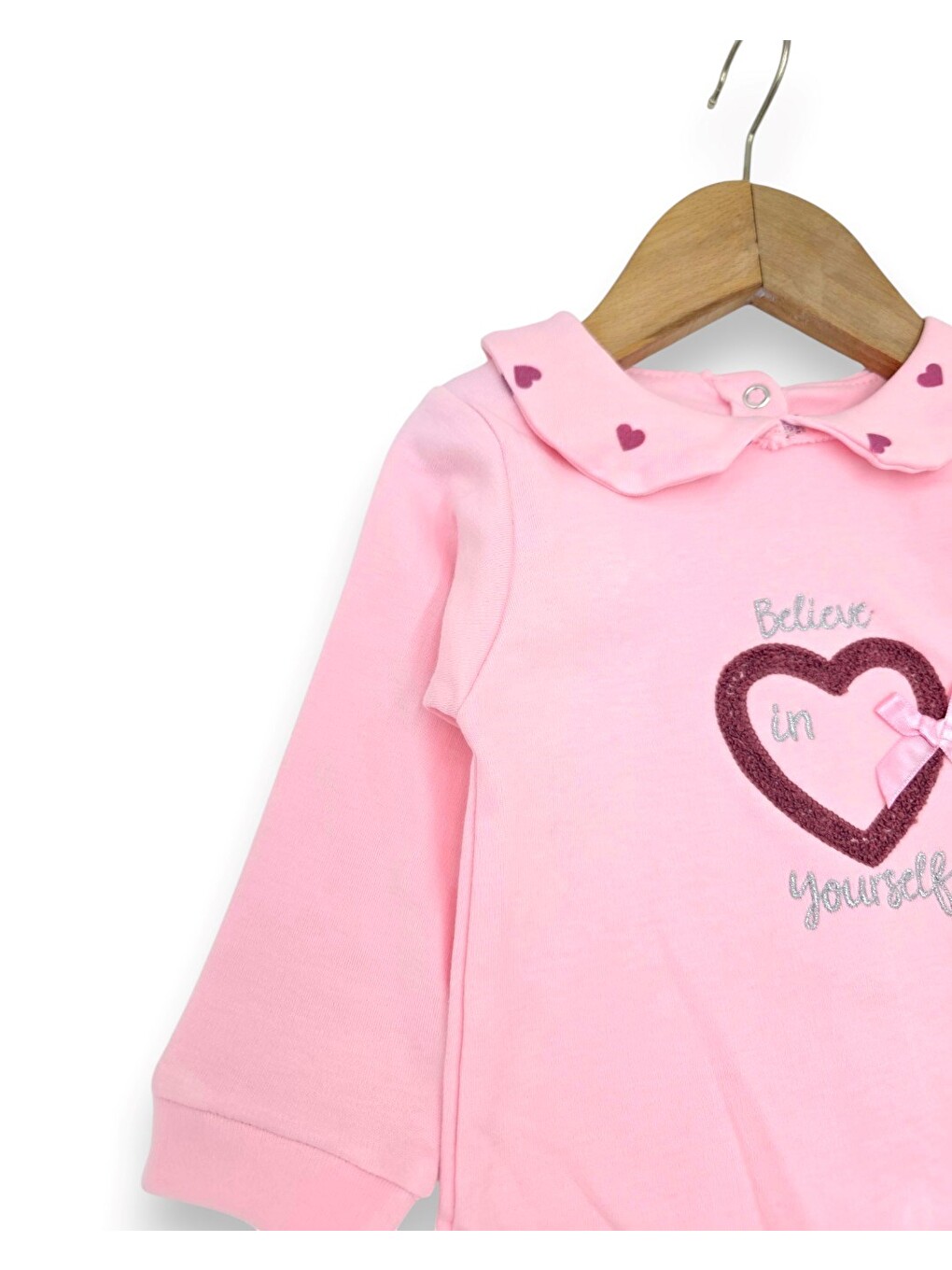 Pembe Kız Bebek Kalp Baskılı Bebe Yakalı 2'li Mevsimlik Alt Üst Takım-1