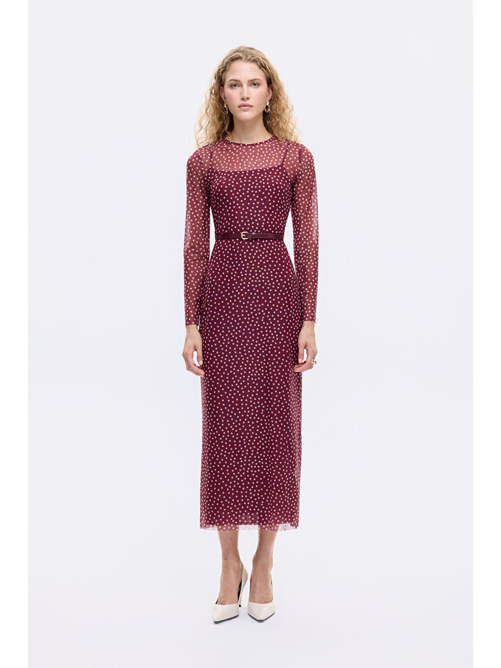 Kemer Aksesuarlı Puantiyeli Transparan Midi Elbise Mürdüm-3