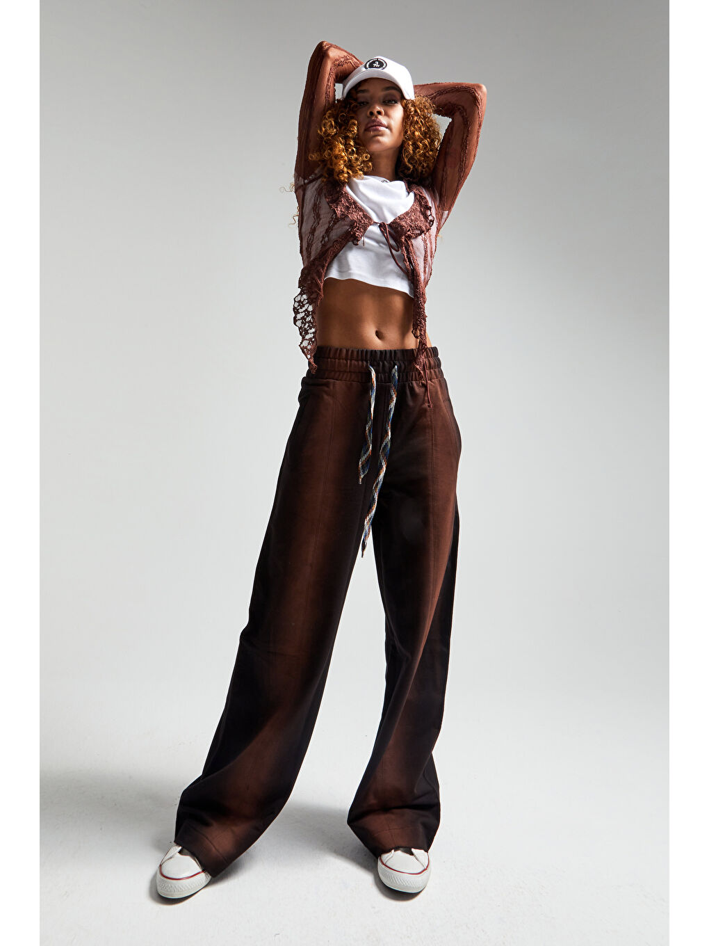 Kadın Kahverengi W5-1 Özel Yıkamalı Bol Kesim Esnek Kumaş Özel Tasarım Eşofman Pantolon-1