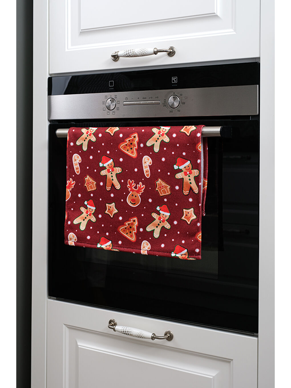 Yılbaşı Temalı Kurabiye Adam Geyik Detaylı Dekoratif Mutfak Fırın Kurulama Bezi Bordo - 35x55cm