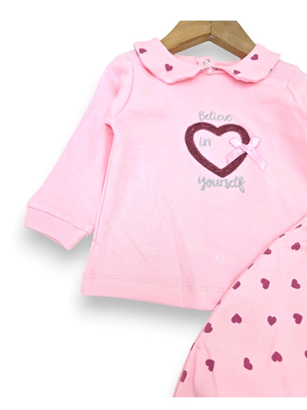 Pembe Kız Bebek Kalp Baskılı Bebe Yakalı 2'li Mevsimlik Alt Üst Takım-3