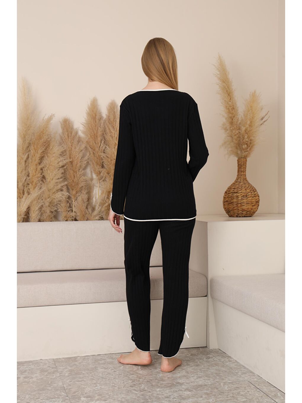 Siyah Soft Elegance Yumoş Düğmeli Ayarlanabilir Bel Lohusa Pijama Takımı-4