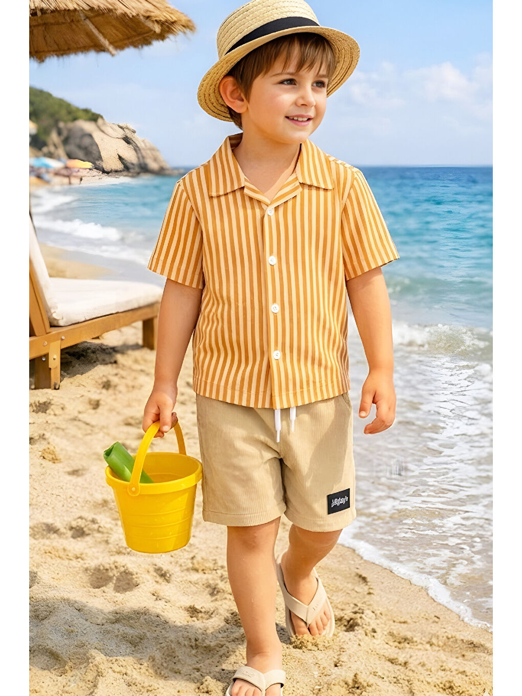 Turuncu Erkek Çocuk Alt-Üst Takım (Waffle Gömlek+Ottoman Şort) 3-12 Yaş 12569HC