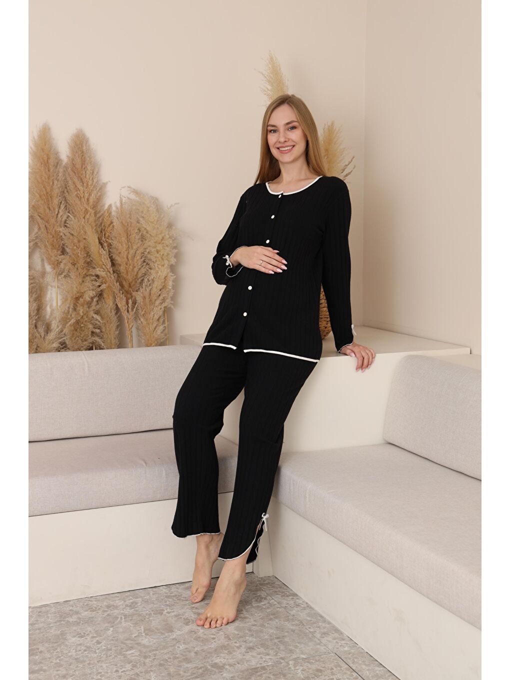 Siyah Soft Elegance Yumoş Düğmeli Ayarlanabilir Bel Lohusa Pijama Takımı-5