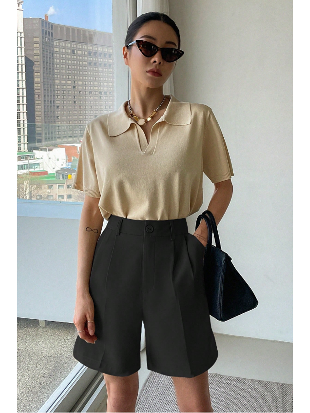 Kadın Kısa Paça Yüksek Bel Oversize Fermuarlı Siyah Şort-2