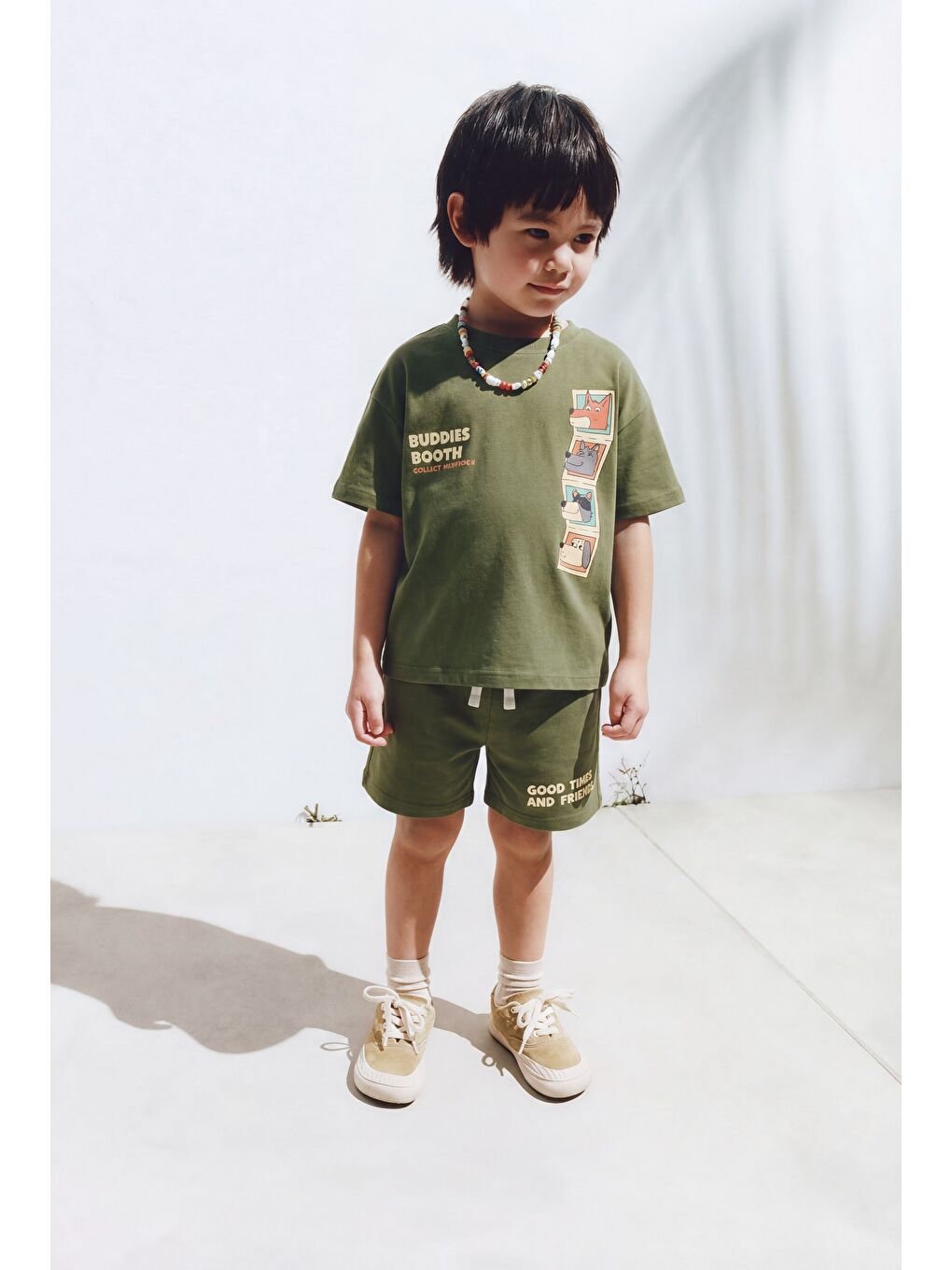 Yeşil Unisex Çocuk Pamuklu Haki Baskılı Tişört Şort Takım