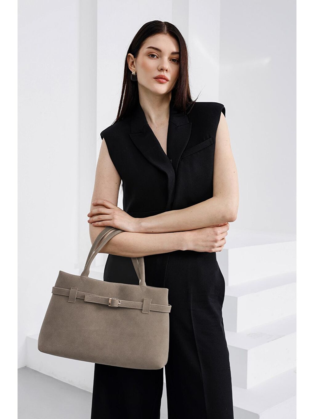 Bej Mussel Süet Omuz Çantası Vizon-1