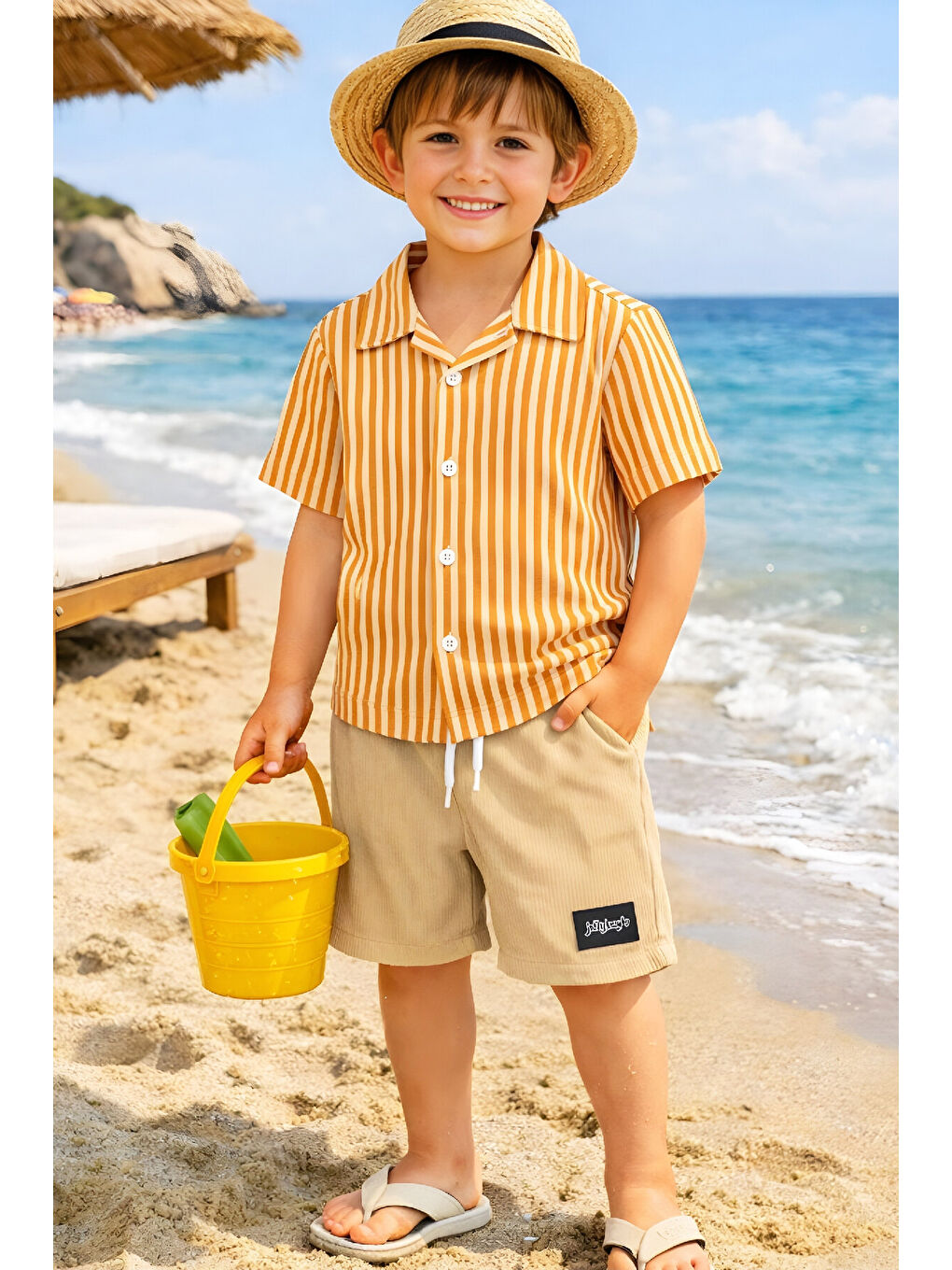 Turuncu Erkek Çocuk Alt-Üst Takım (Waffle Gömlek+Ottoman Şort) 3-12 Yaş 12569HC-1
