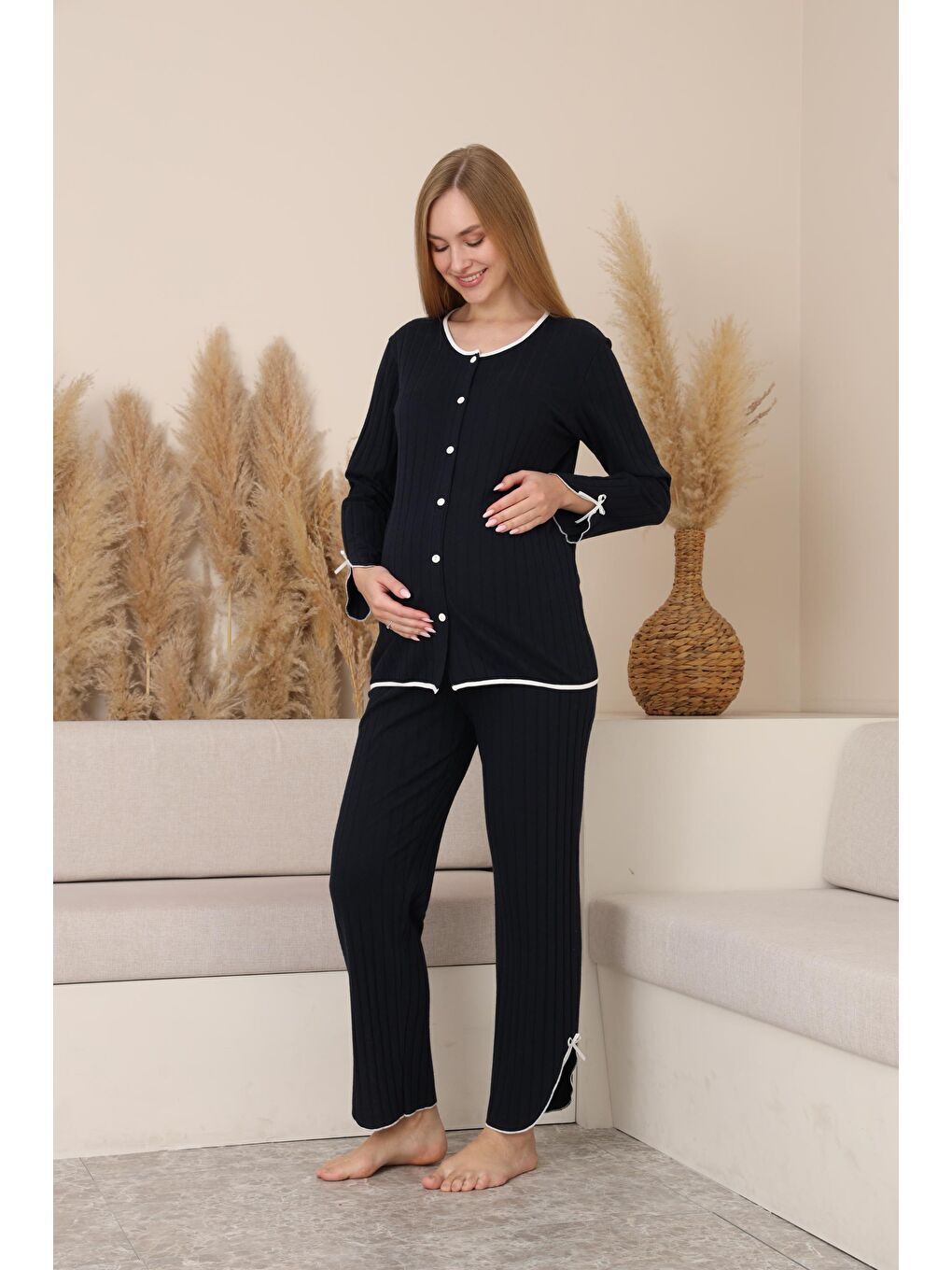 Lacivert Soft Elegance Yumoş Düğmeli Ayarlanabilir Bel Lohusa Pijama Takımı-3