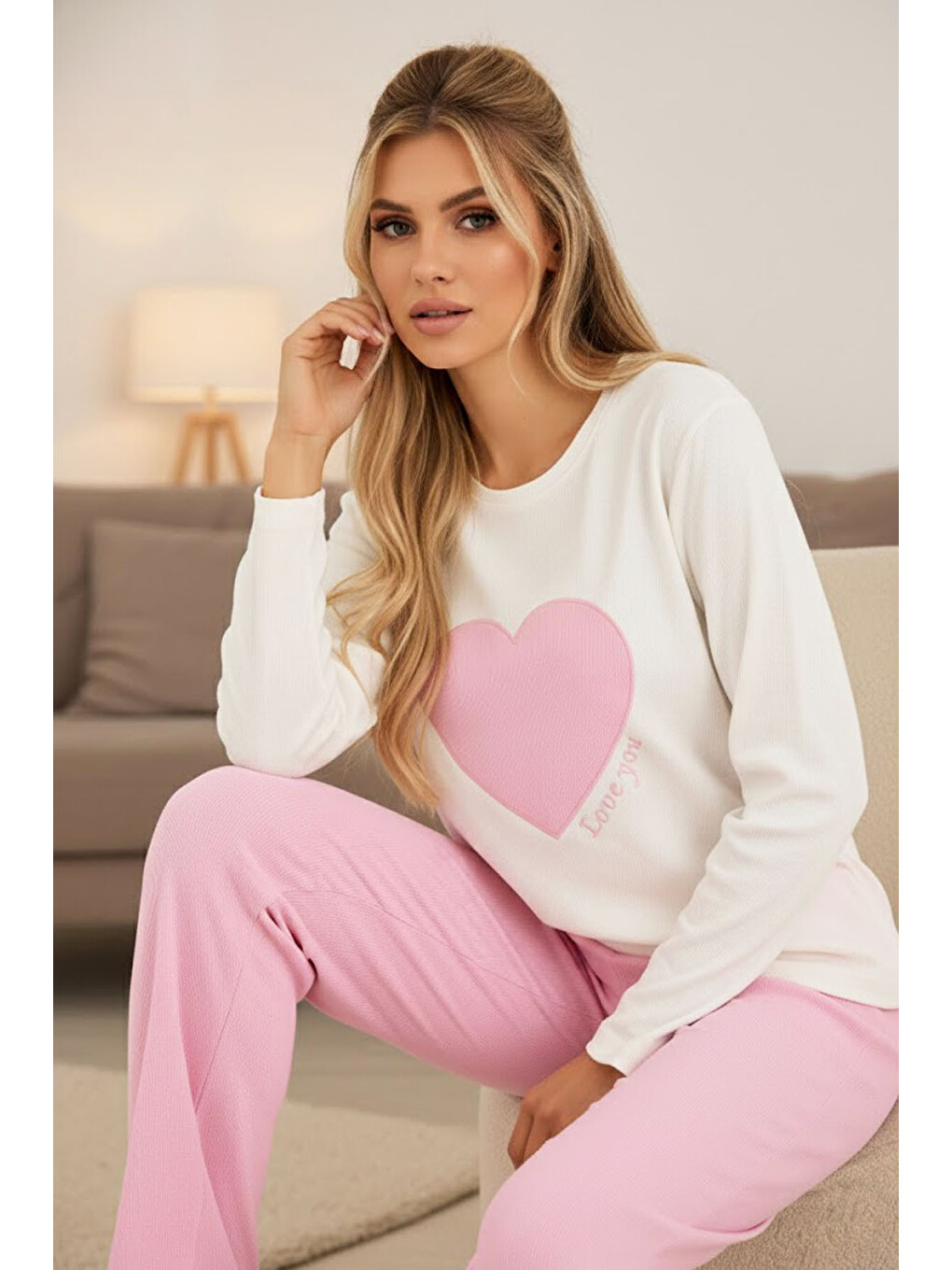 Pembe Kalp Nakışlı Pamuklu Fitilli Kaşkorse Örme Pijama Takım25226013