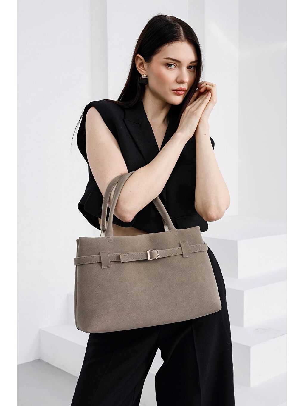 Bej Mussel Süet Omuz Çantası Vizon-3