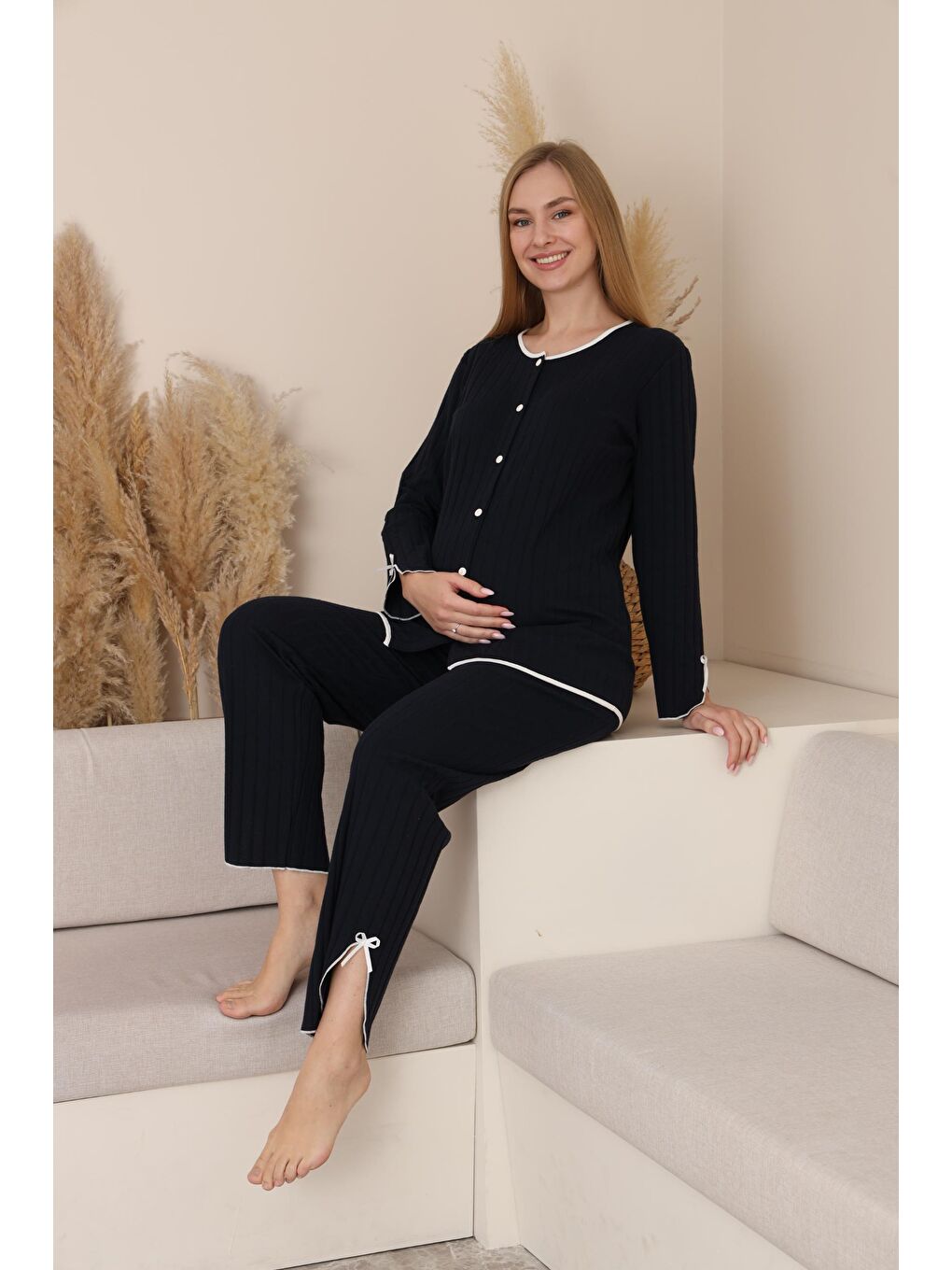 Lacivert Soft Elegance Yumoş Düğmeli Ayarlanabilir Bel Lohusa Pijama Takımı-5