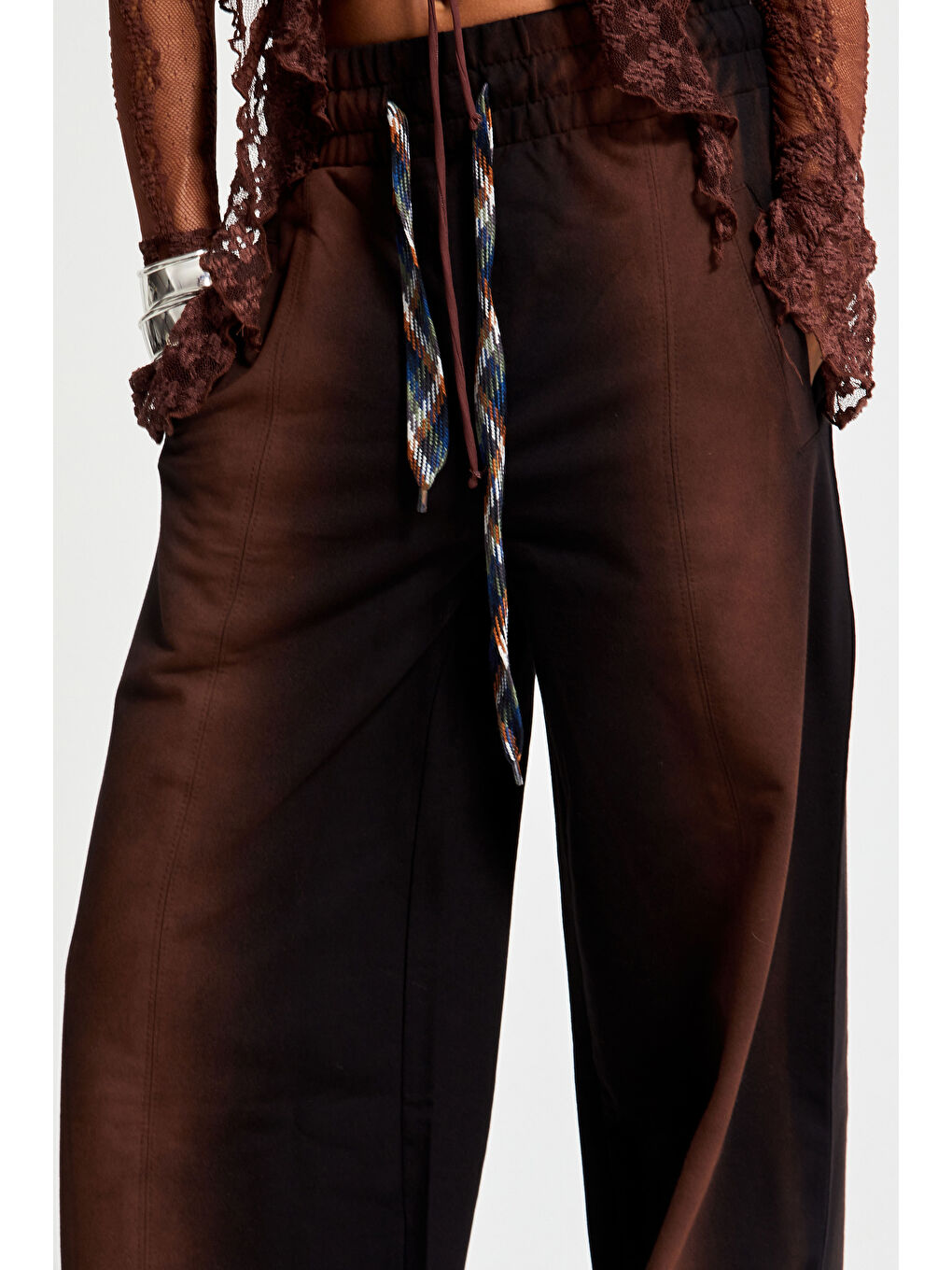 Kadın Kahverengi W5-1 Özel Yıkamalı Bol Kesim Esnek Kumaş Özel Tasarım Eşofman Pantolon-2