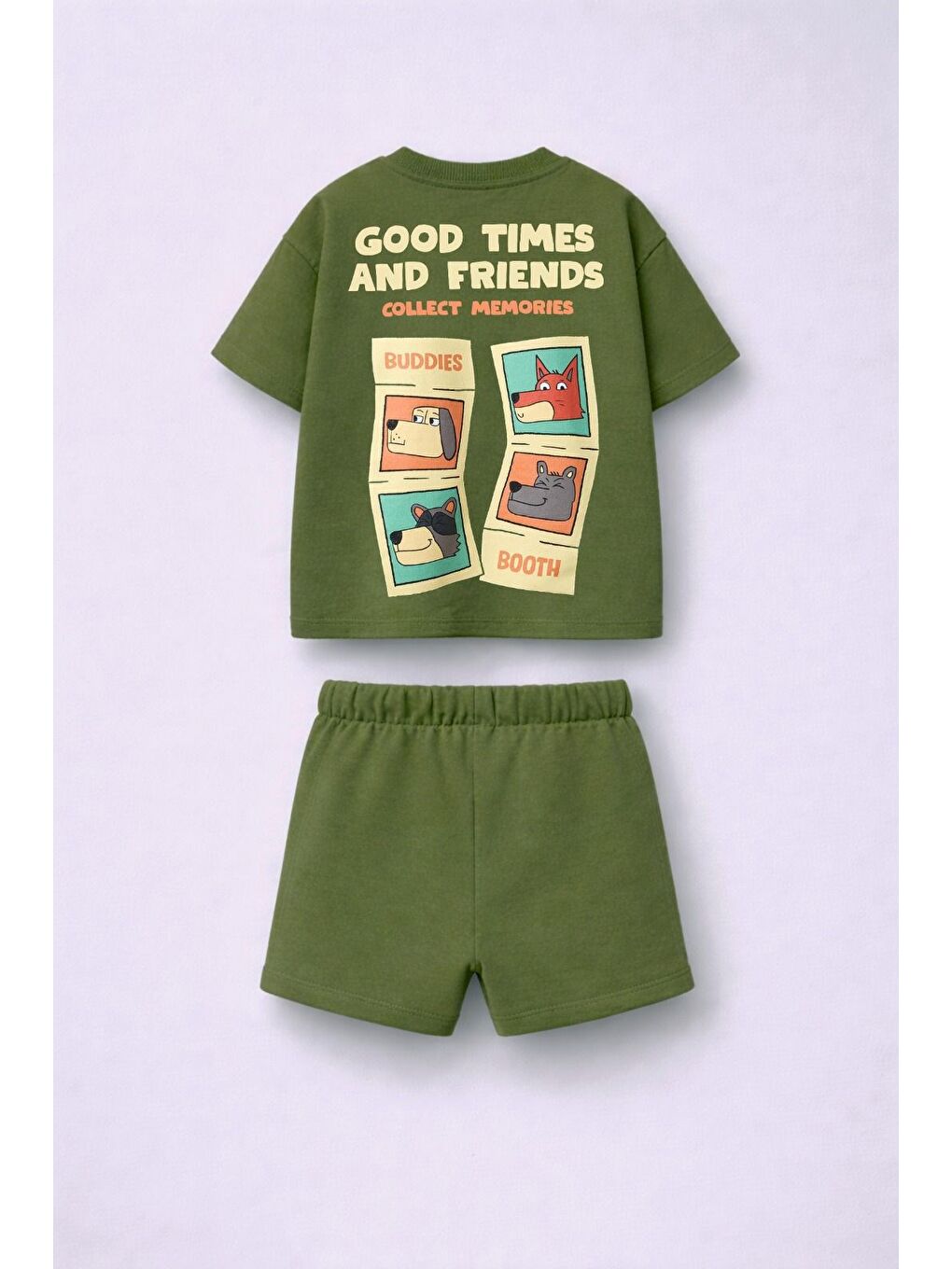 Yeşil Unisex Çocuk Pamuklu Haki Baskılı Tişört Şort Takım-1