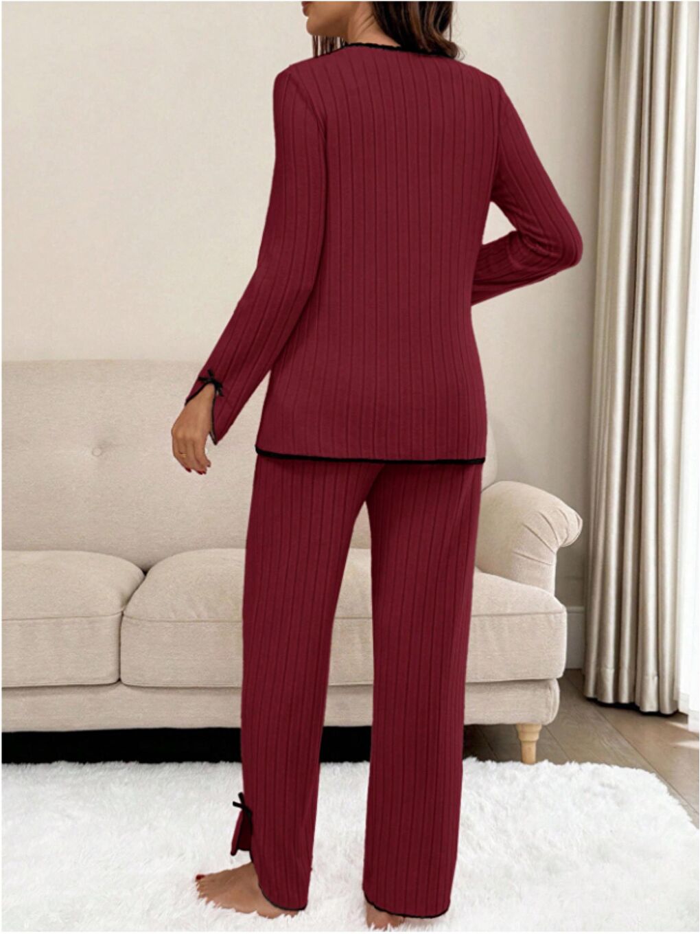 Bordo Soft Elegance Yumoş Düğmeli Ayarlanabilir Bel Lohusa Pijama Takımı-3