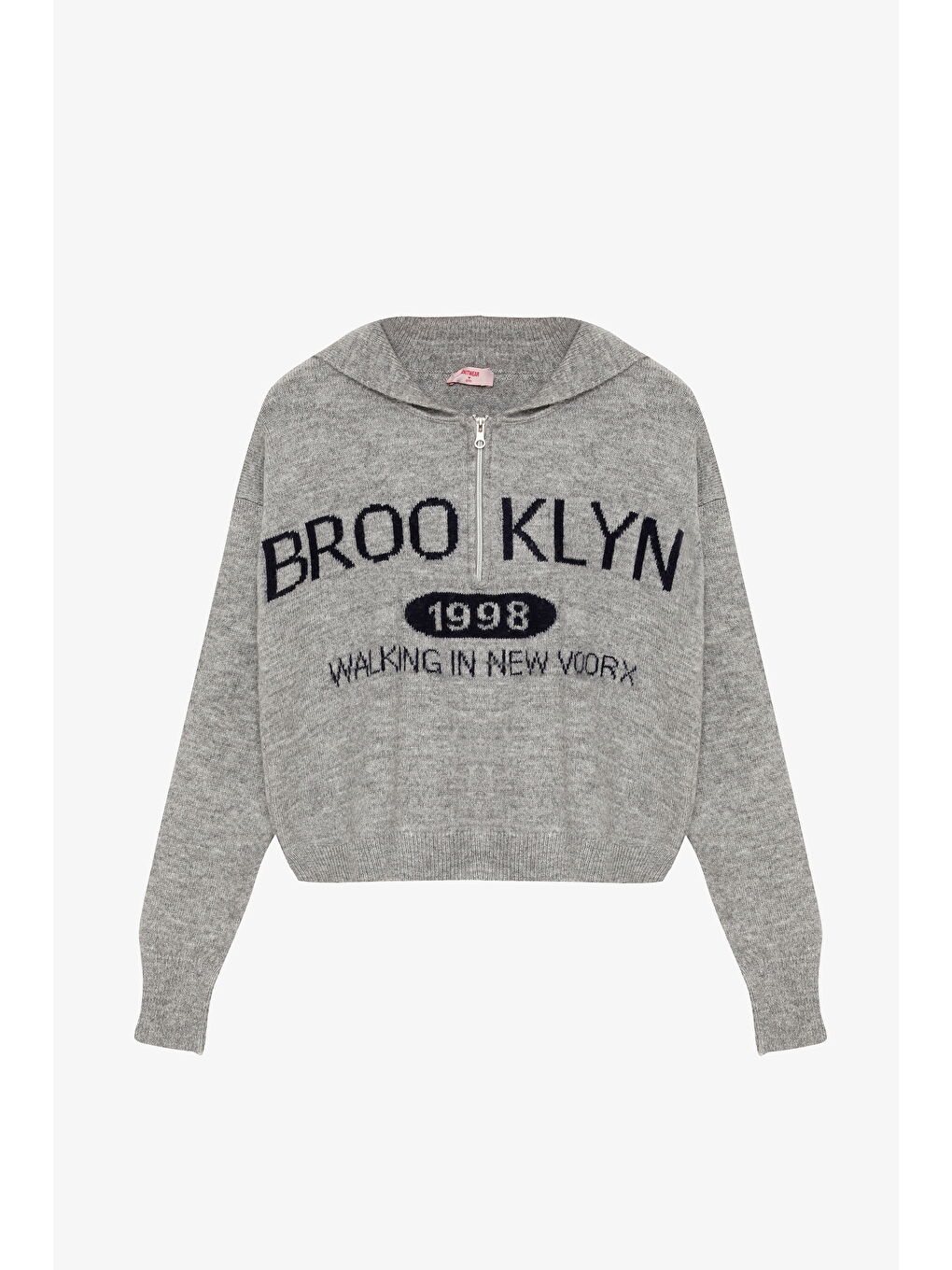 Brooklyn Yazılı Yarım Fermuarlı Triko Kazak Gri