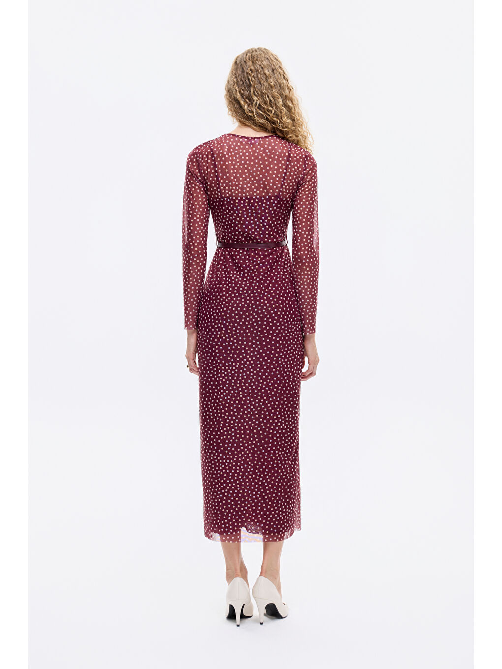 Kemer Aksesuarlı Puantiyeli Transparan Midi Elbise Mürdüm-4