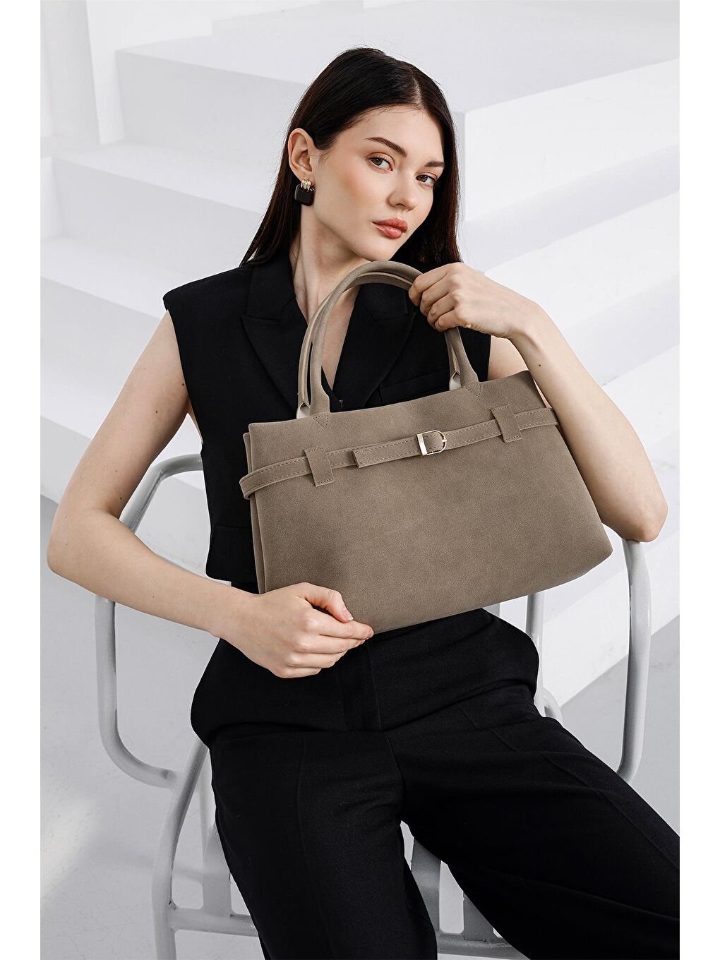 Bej Mussel Süet Omuz Çantası Vizon-5