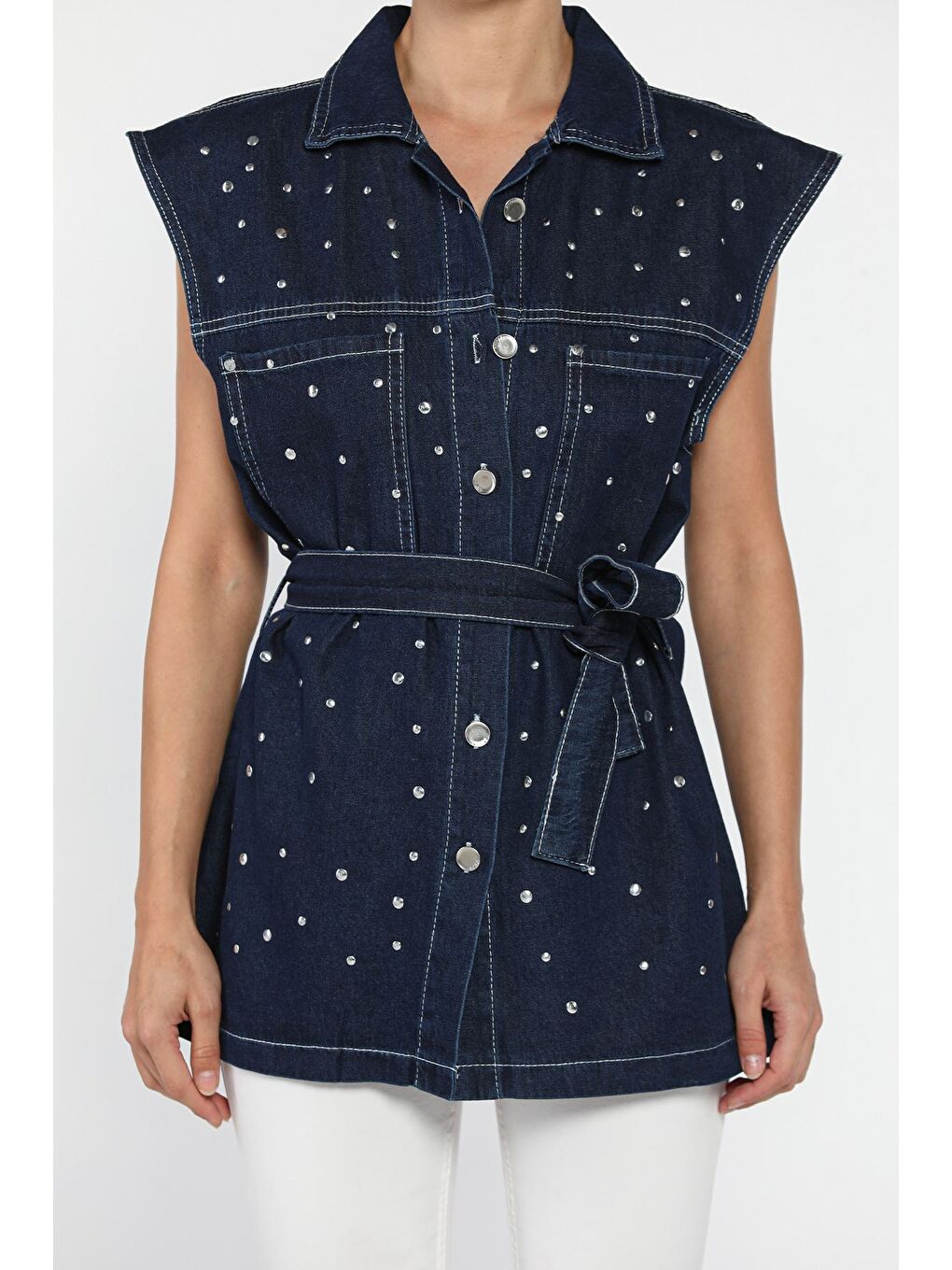 Lacivert Kadın Zımba Detaylı Bel Kuşaklı Çift Cepli Jean Yelek-1