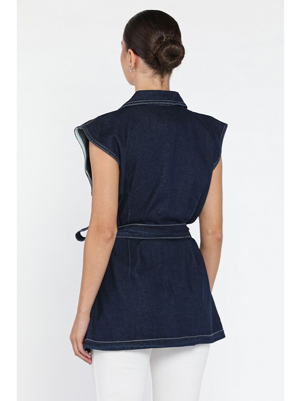Lacivert Kadın Zımba Detaylı Bel Kuşaklı Çift Cepli Jean Yelek-2