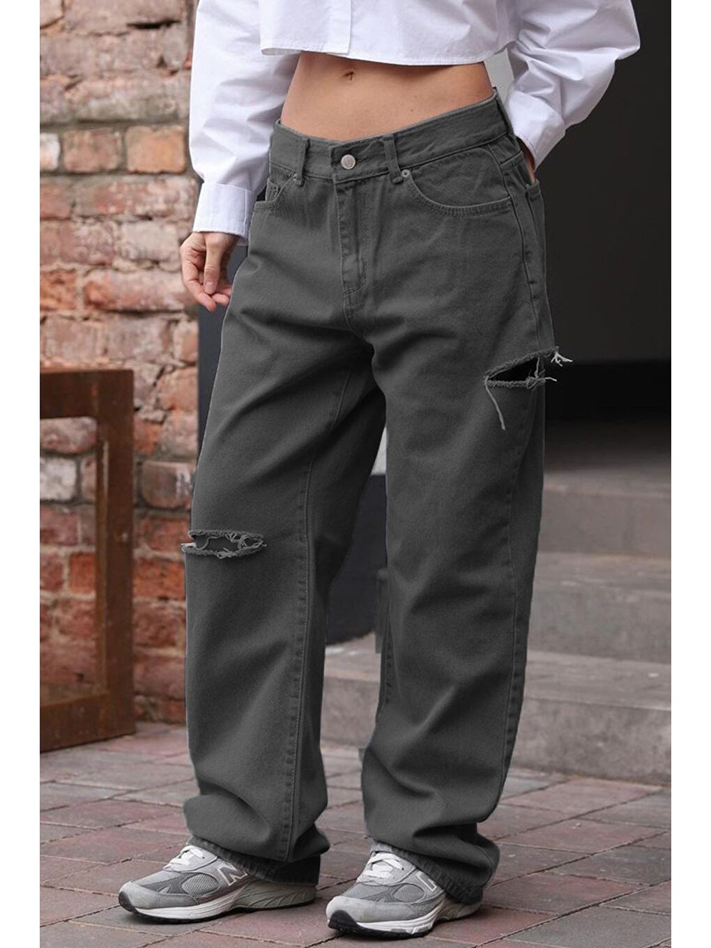 Gri Füme Yırtık Detaylı Palazzo Jean Mg1560-5