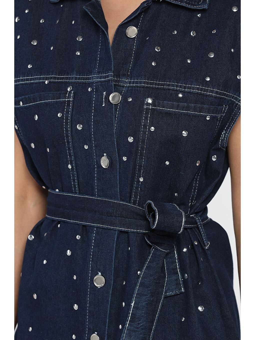 Lacivert Kadın Zımba Detaylı Bel Kuşaklı Çift Cepli Jean Yelek-3