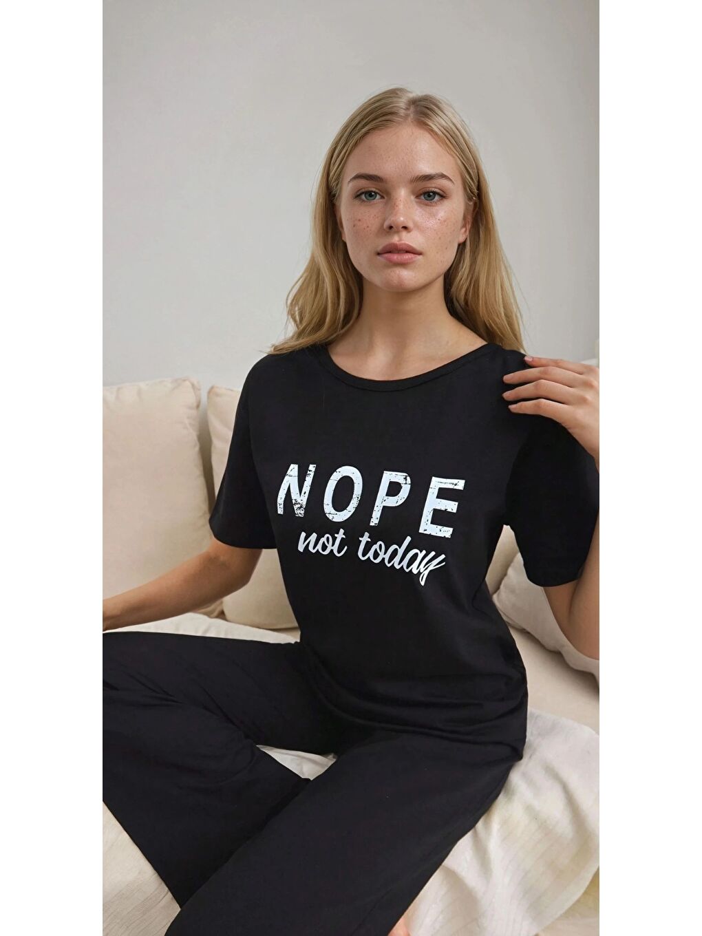 Nope Not Today Baskılı Siyah Pijama Takımı-1