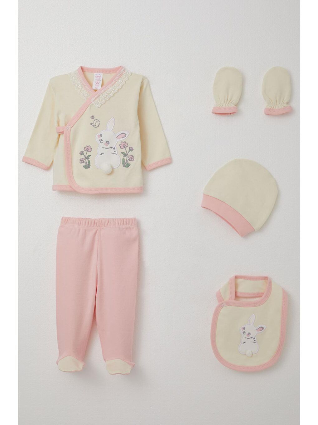Ekru Kız Bebek Hastane Çıkışı 5 Li Tavşan Nakışlı & Çiçekli Krem (0-3 Ay)