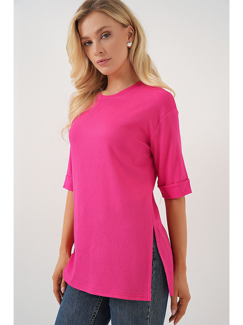 4332 Yanı Yırtmaçlı Örme Tişört - Fuşya-2