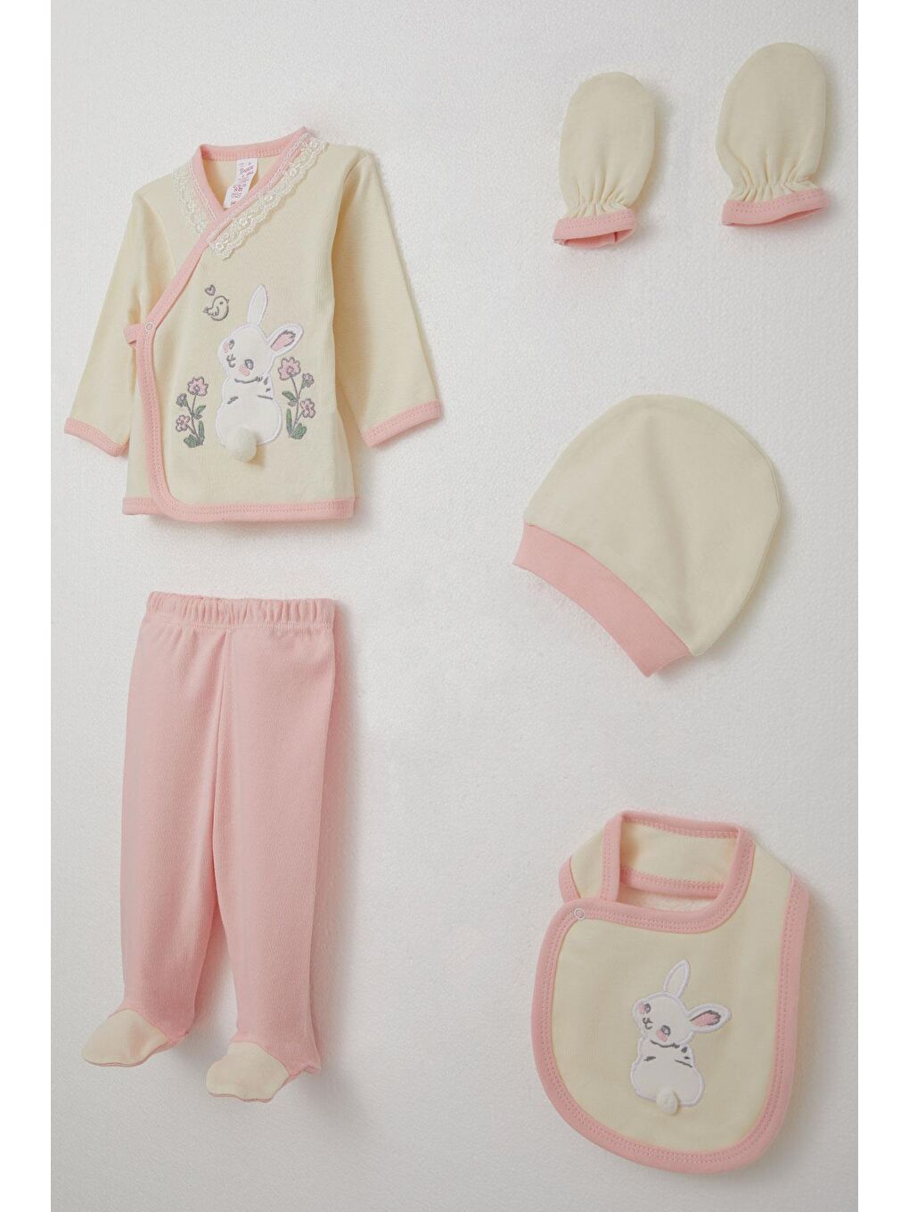 Ekru Kız Bebek Hastane Çıkışı 5 Li Tavşan Nakışlı & Çiçekli Krem (0-3 Ay)-1