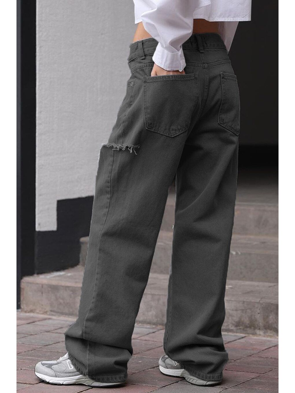 Gri Füme Yırtık Detaylı Palazzo Jean Mg1560-6