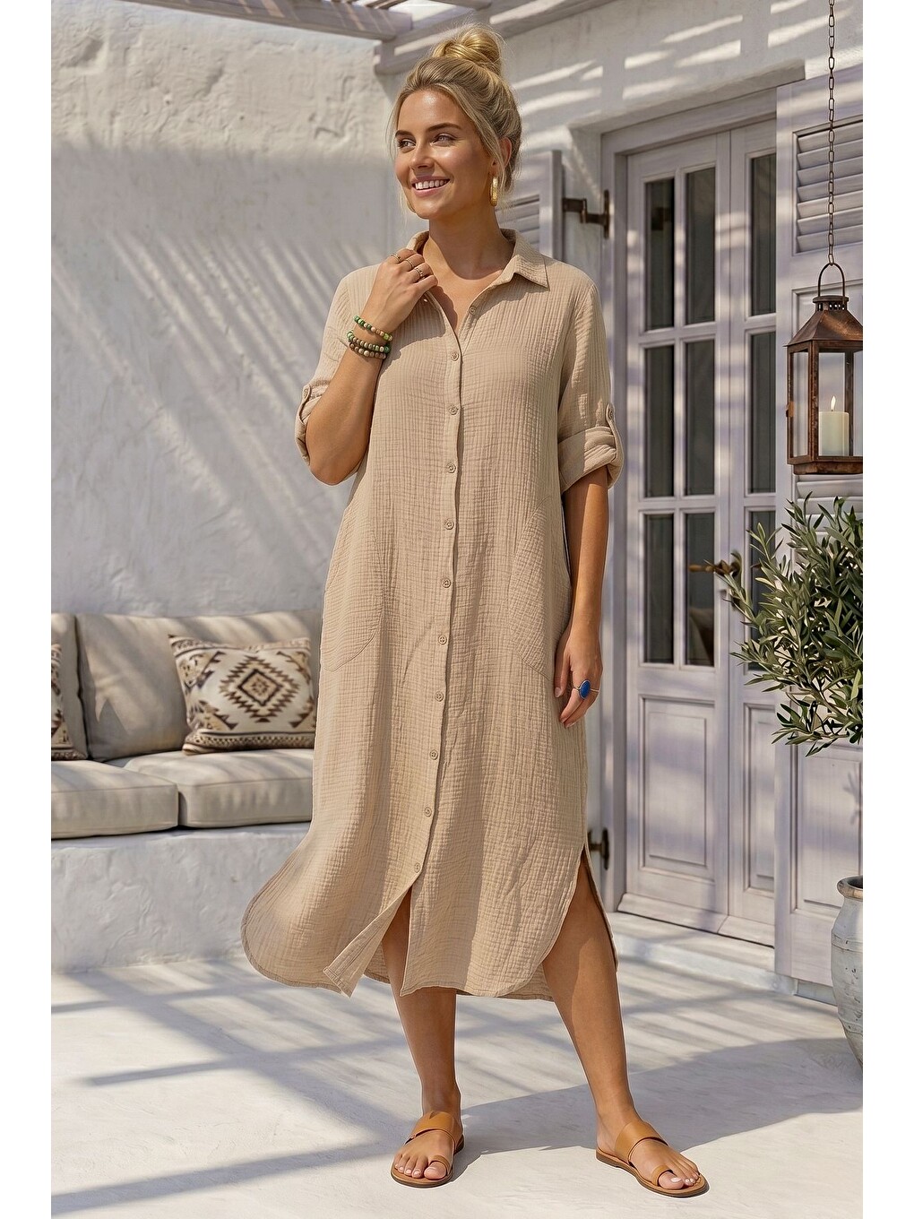 Bej Gömlek Yaka 3/4 Kol Düğmeli Cepli Casual Müslin Dokuma Elbise 122 65-4