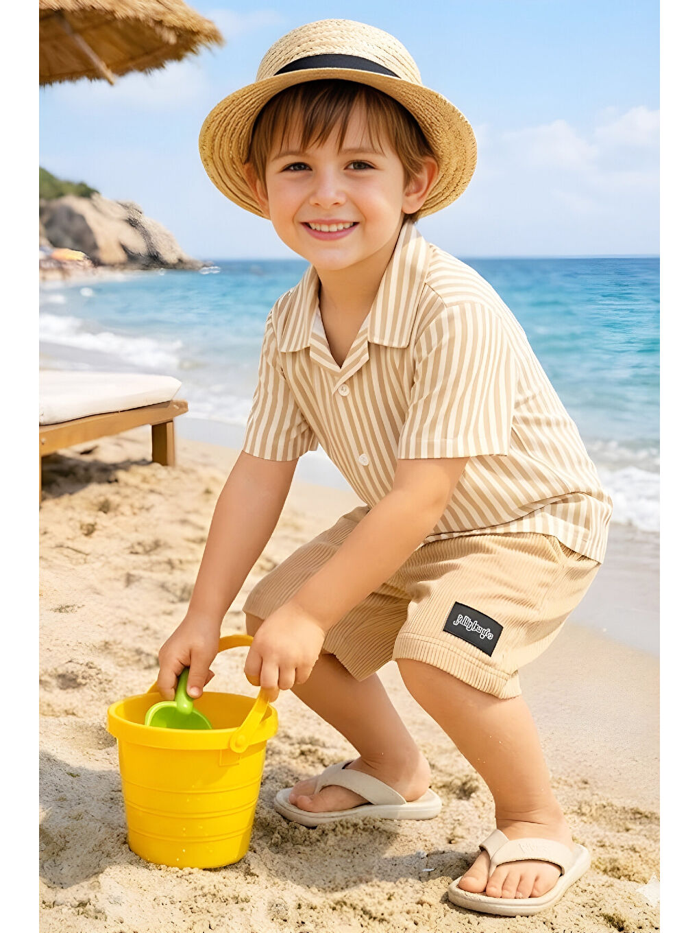 Ekru Erkek Çocuk Alt-Üst Takım (Waffle Gömlek+Ottoman Şort) 3-12 Yaş 12569HC-1