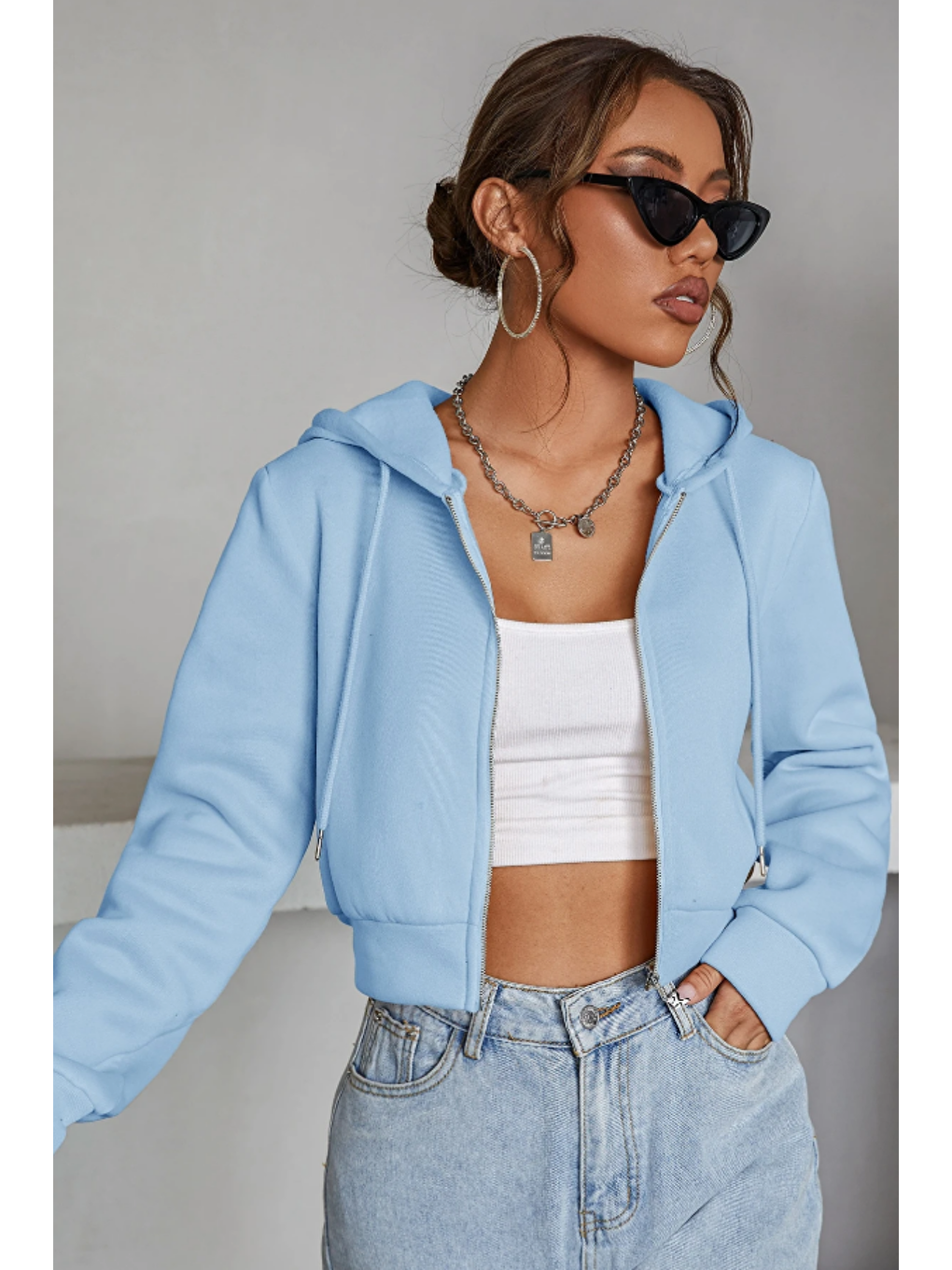 Kadın Kapüşonlu Şardonlu Mavi Renk Crop Sweatshirt-4