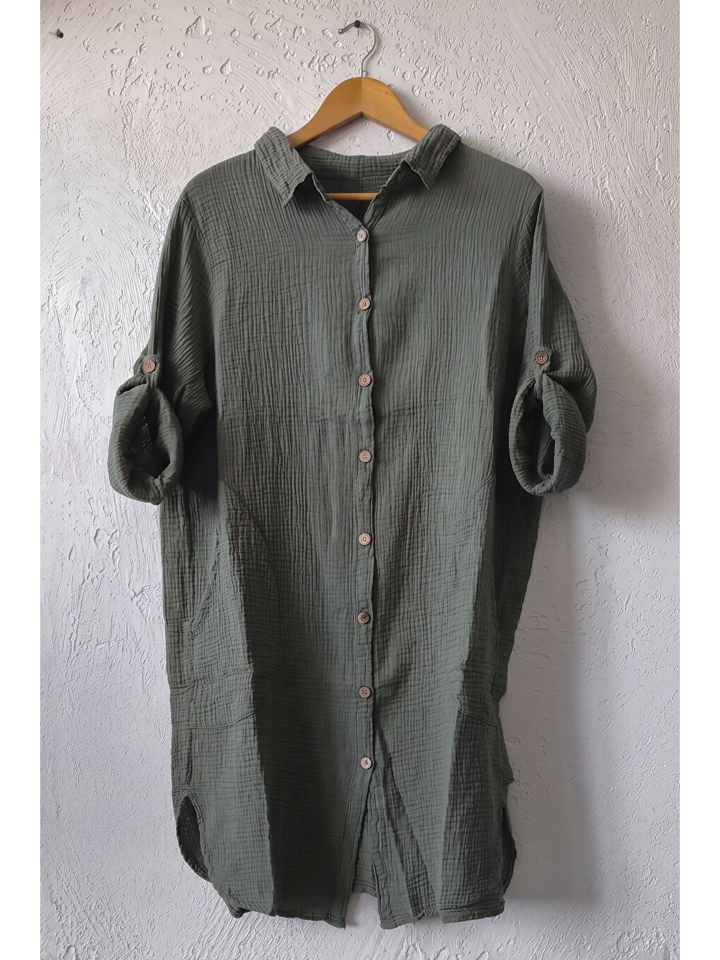 Haki Gömlek Yaka 3/4 Kol Düğmeli Cepli Casual Müslin Oversize Dokuma Elbise 97 65-1