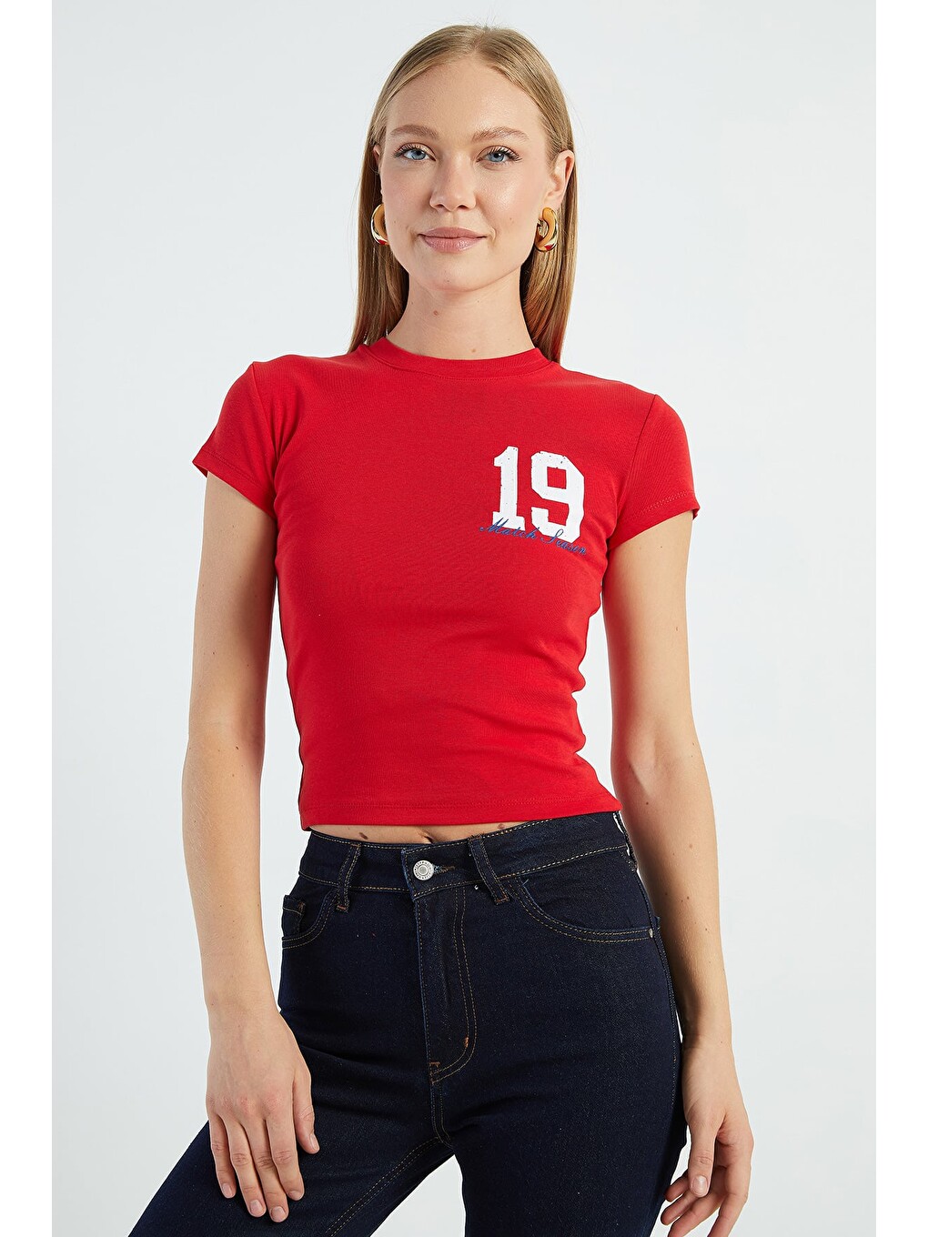 Kırmızı 19 Baskılı Slim Fit Tişört-4