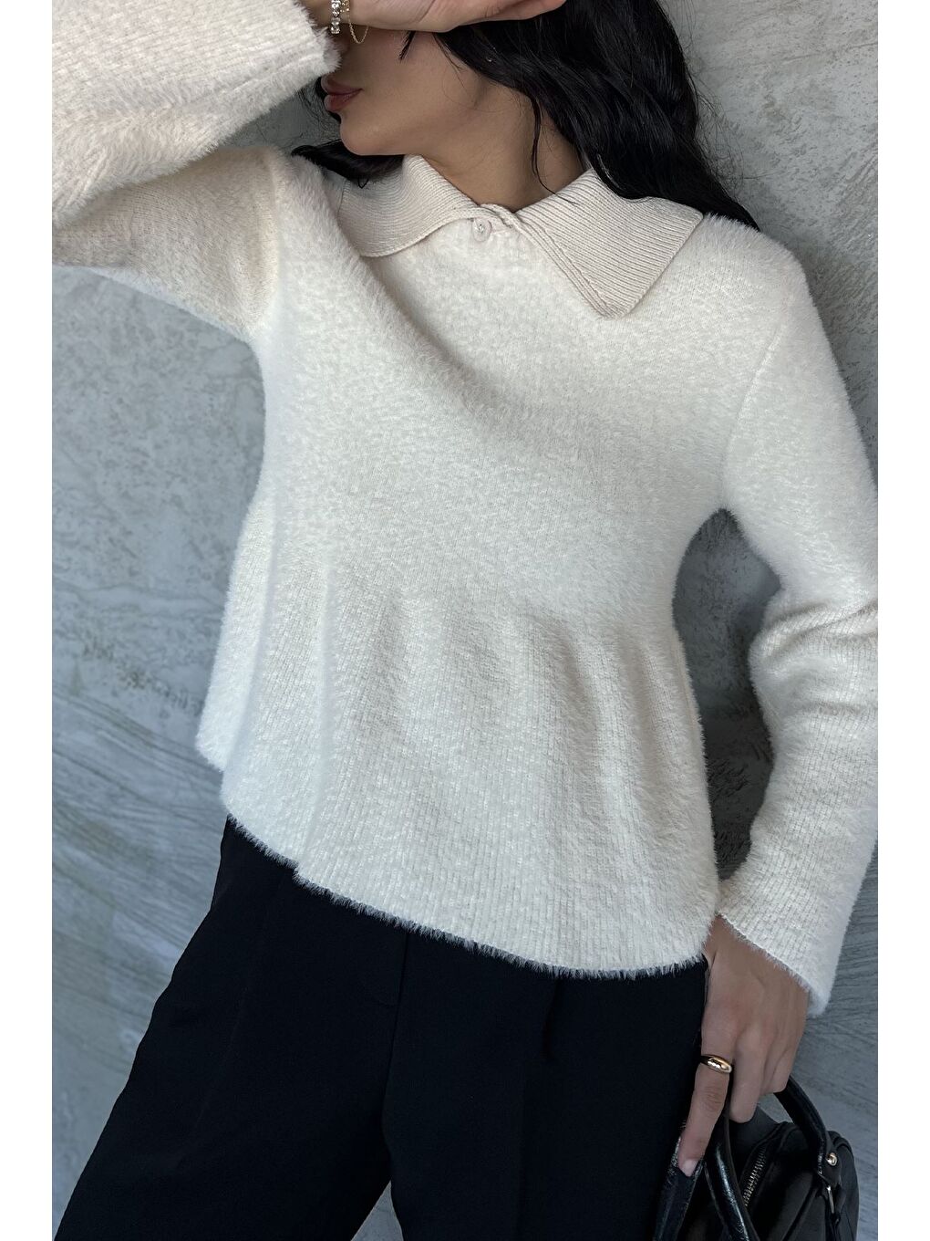 Ekru Gömlek Yaka Şardonlu Triko Bluz (s,m,l,xl Uyumludur)-1