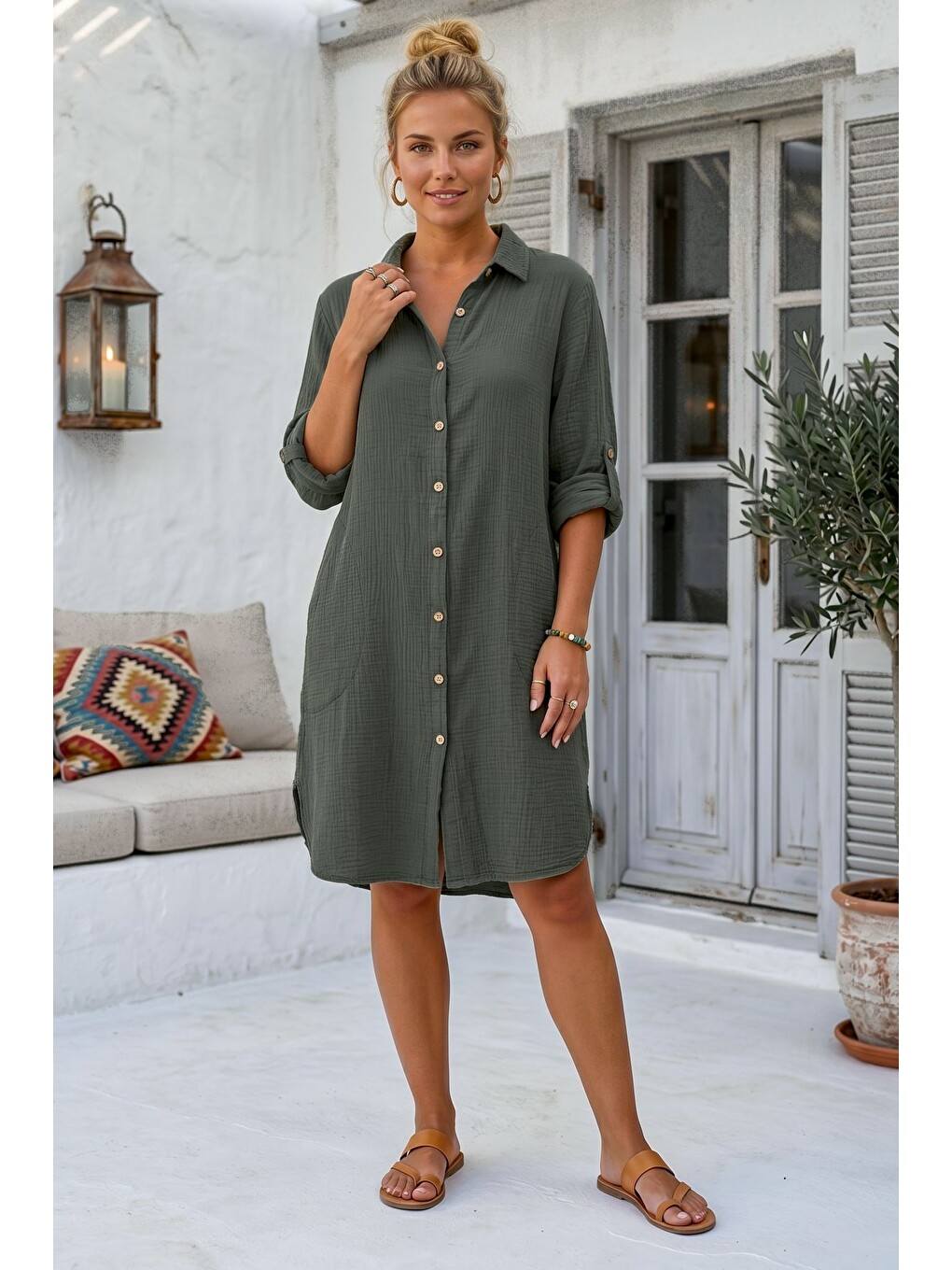 Haki Gömlek Yaka 3/4 Kol Düğmeli Cepli Casual Müslin Oversize Dokuma Elbise 97 65-3