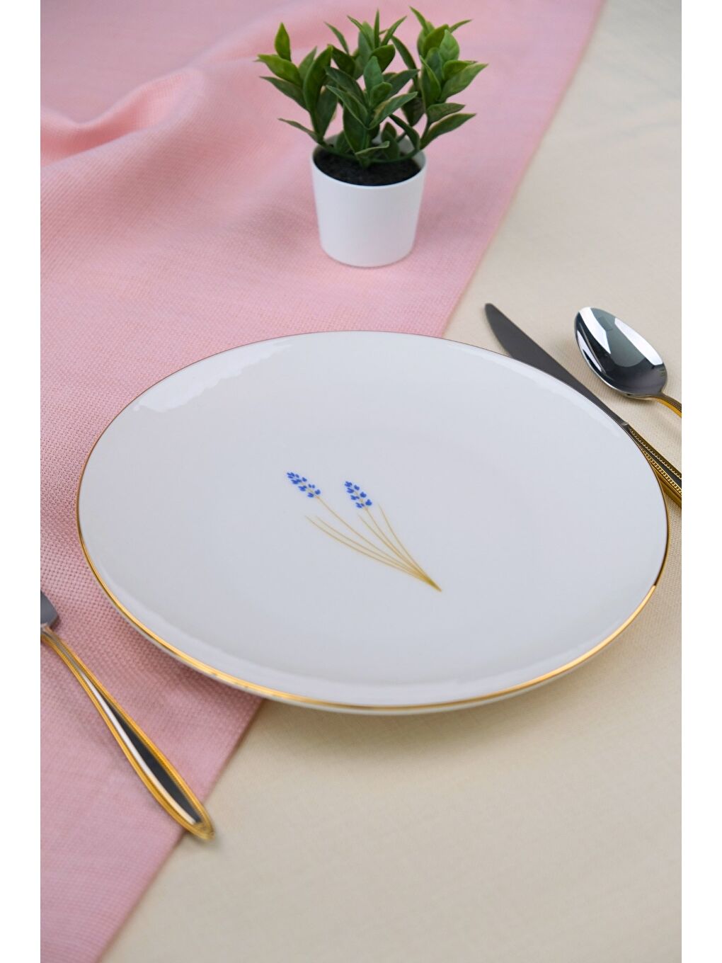 Beyaz Porselen Natura Lavanta Altın Yaldız Pasta Tabağı 20,50cm Tekli