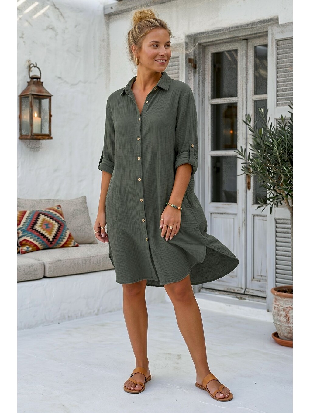 Haki Gömlek Yaka 3/4 Kol Düğmeli Cepli Casual Müslin Oversize Dokuma Elbise 97 65-4