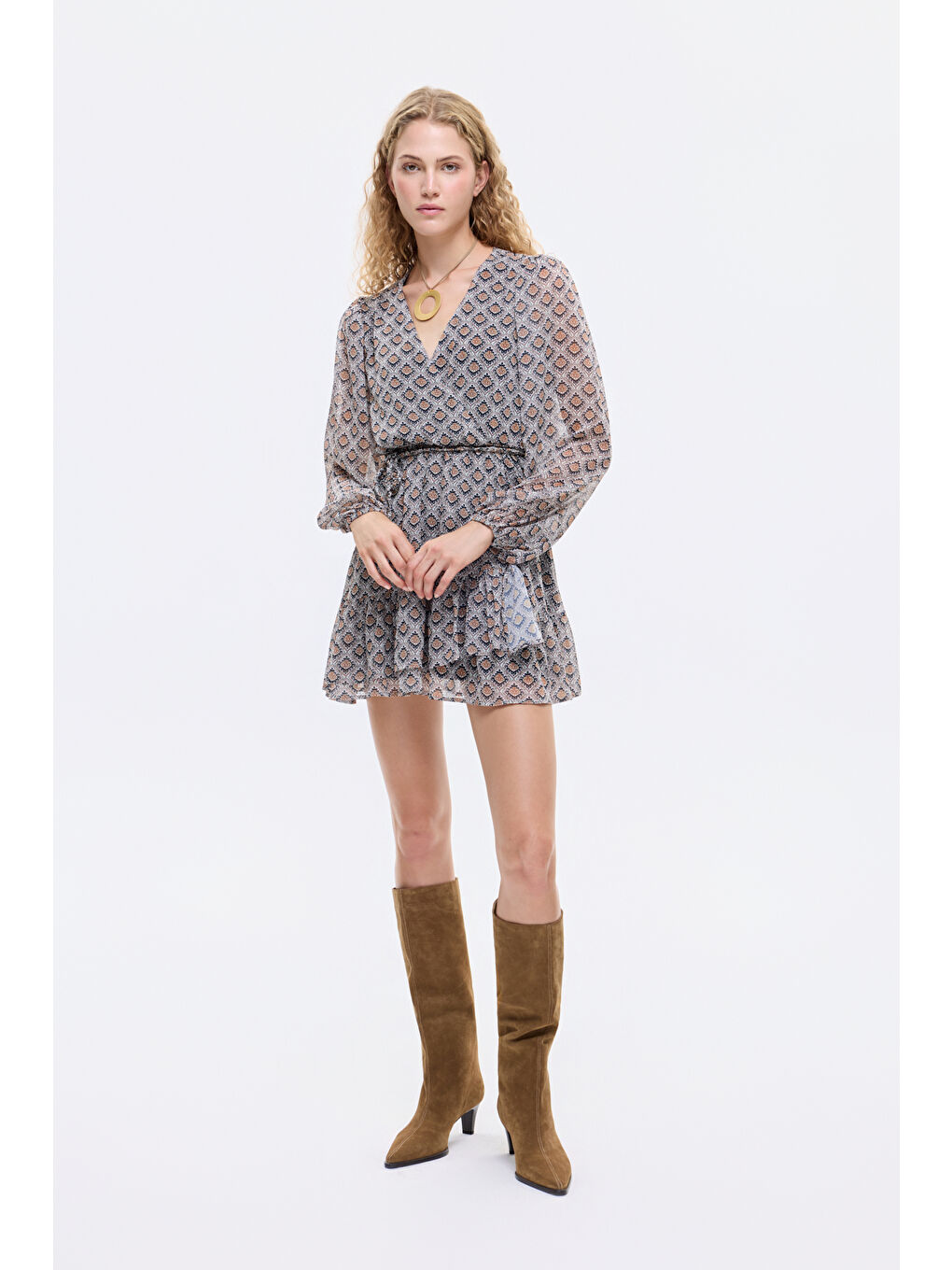 Retro Geometrik Desenli Kruvaze Yaka Mini Elbise Kahverengi