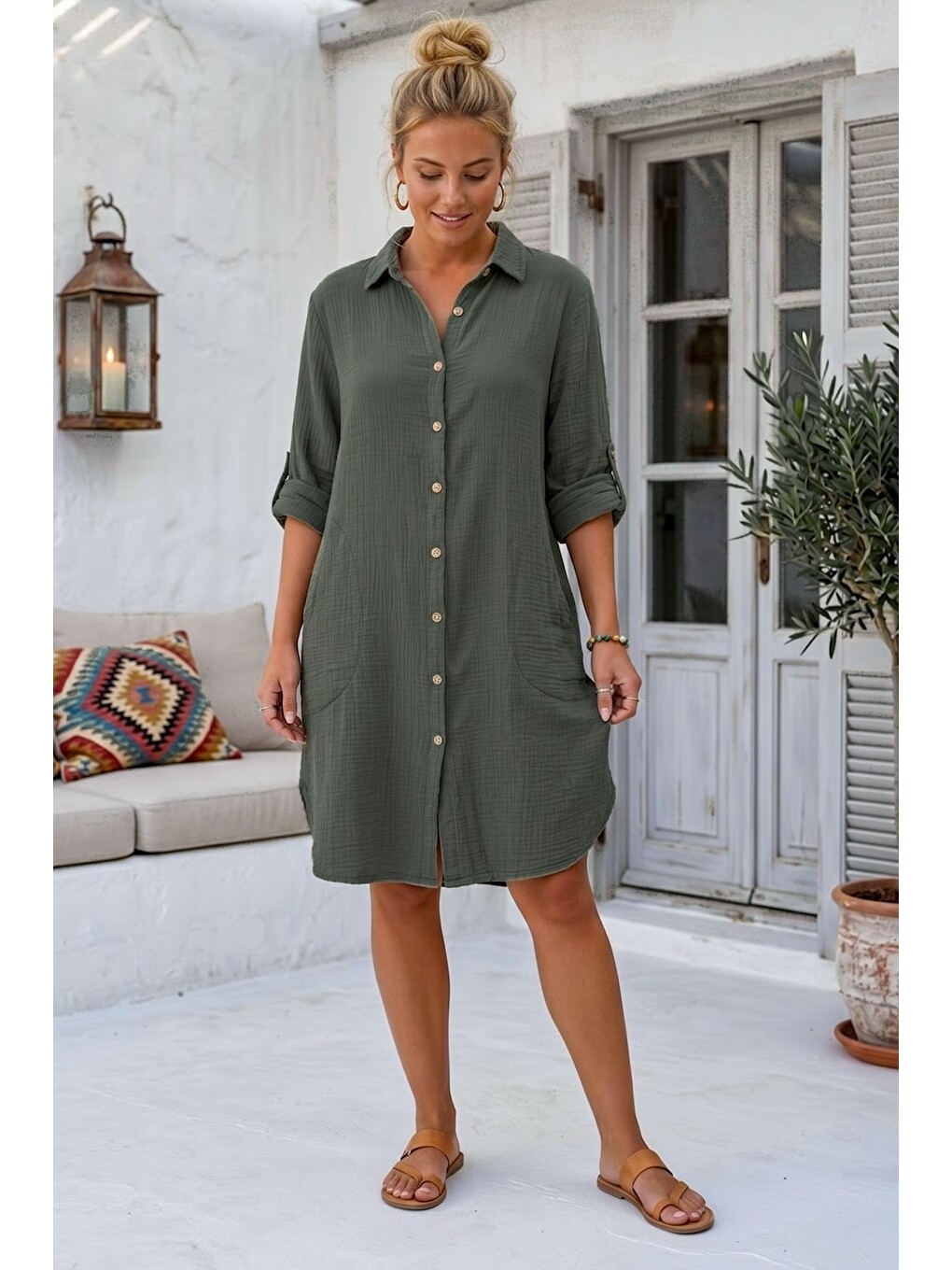 Haki Gömlek Yaka 3/4 Kol Düğmeli Cepli Casual Müslin Oversize Dokuma Elbise 97 65-5
